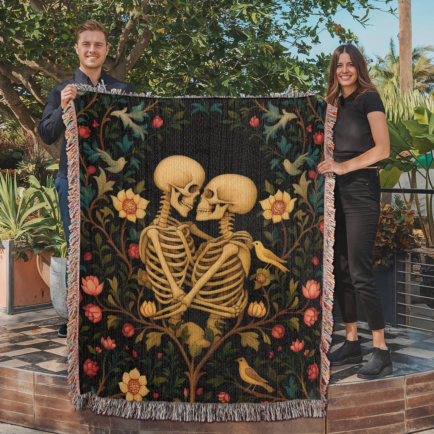 Premium Woven Cotton Throw – Skeleton Lovers in Enchanted Floral Border