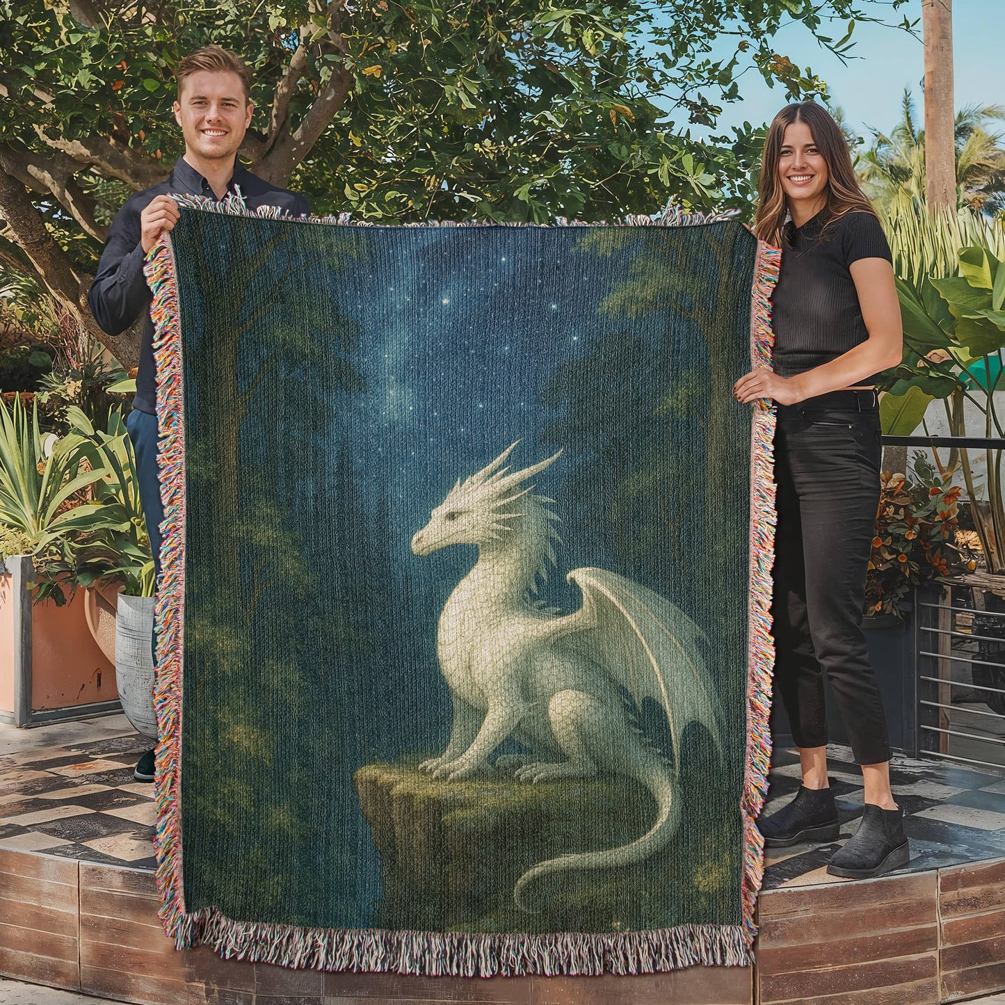 Premium Woven Cotton Throw – White Dragon on Rocky Cliff in Star-Filled Forest Night