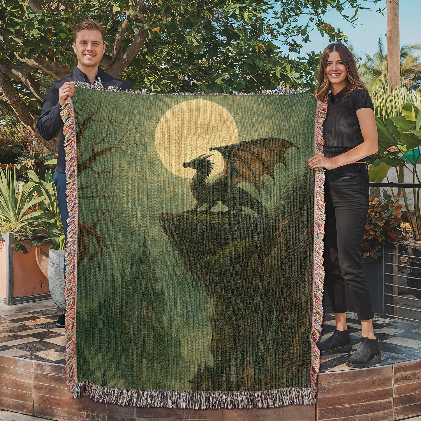 100% Cotton Woven Blanket – Majestic Dragon on Rocky Cliff under Moonlight with Castle View