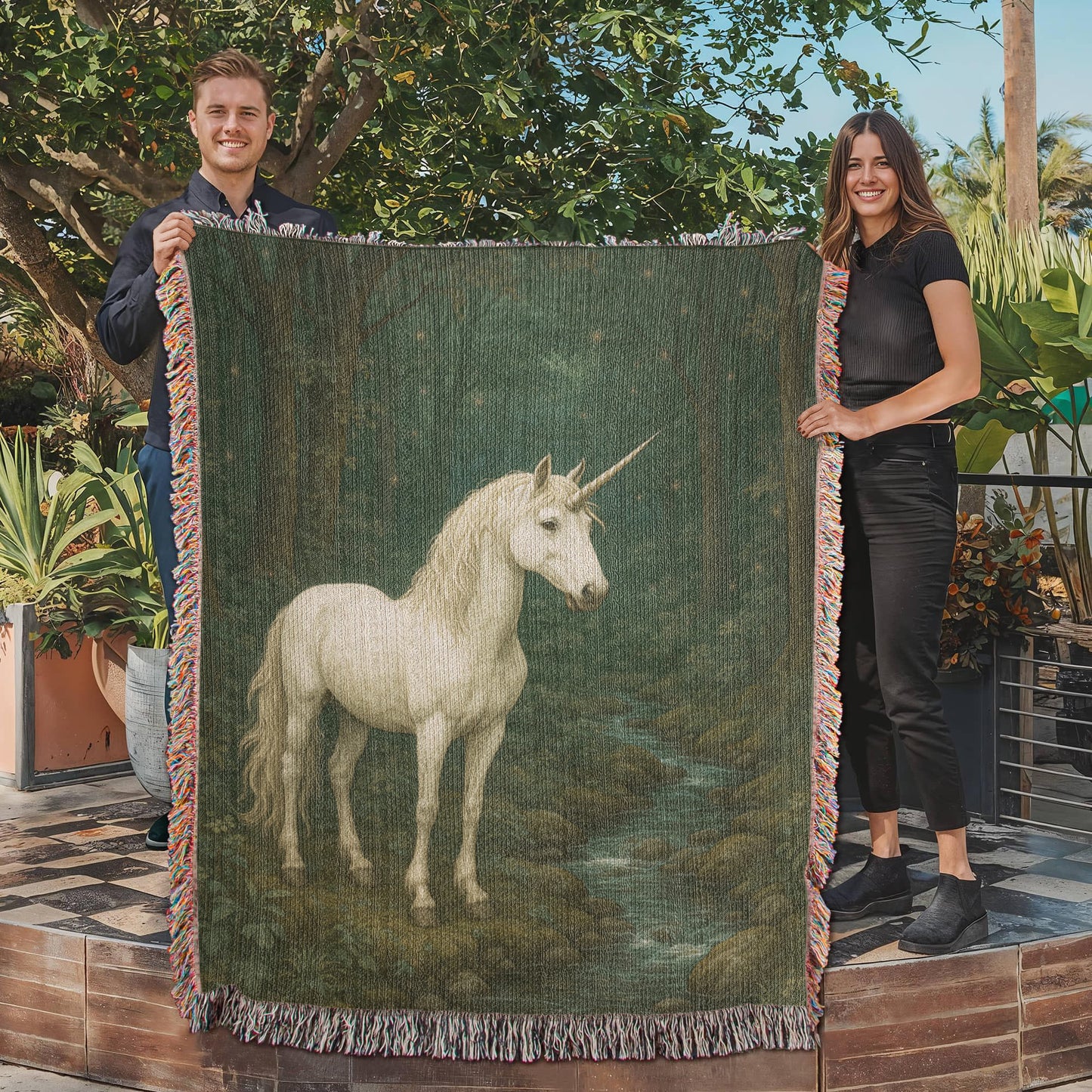 Premium Woven Cotton Throw – Unicorn in Dark Forest by Quiet Stream