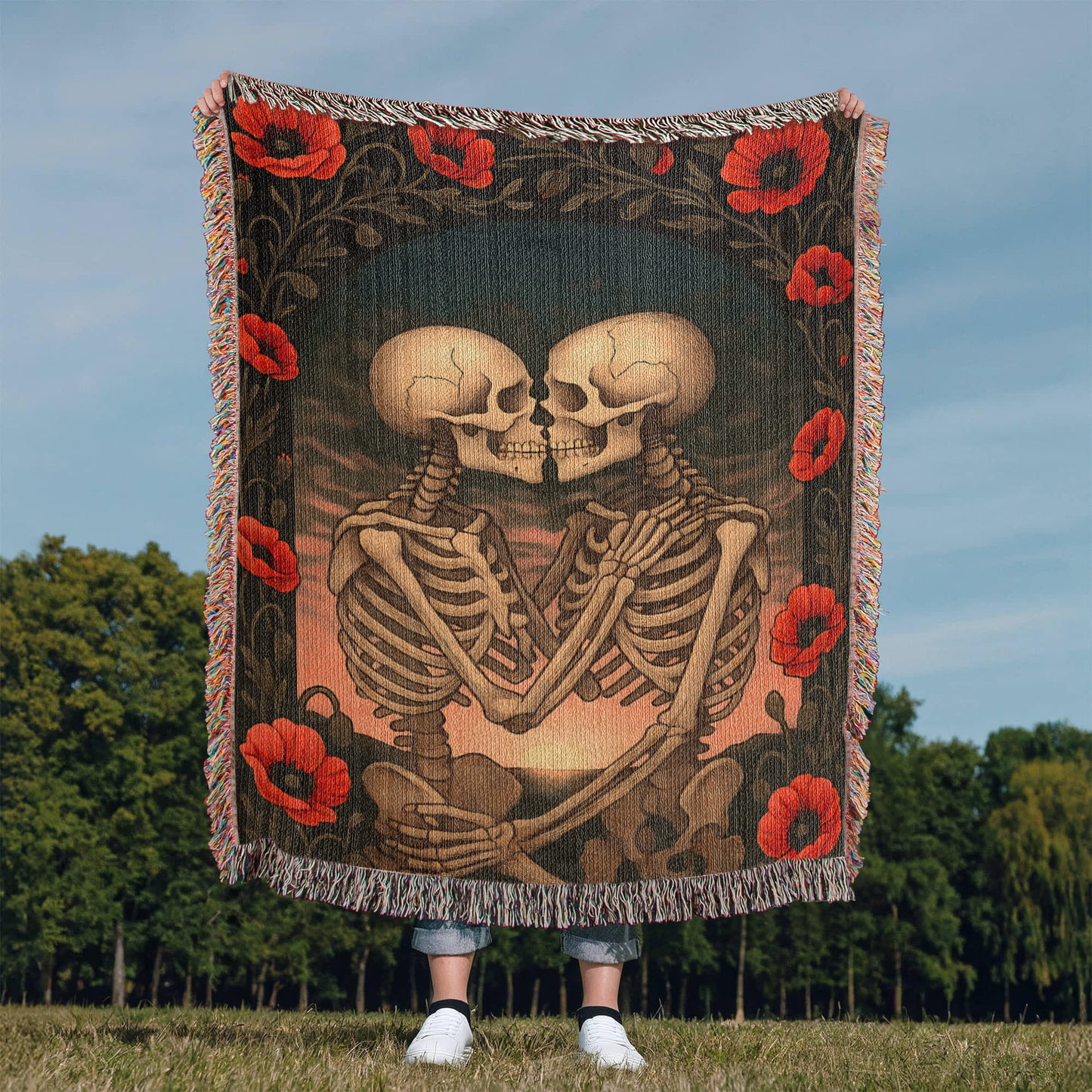Woven Cotton Blanket – Enchanted Skeleton Couple in Poppy Flowers at Sunset