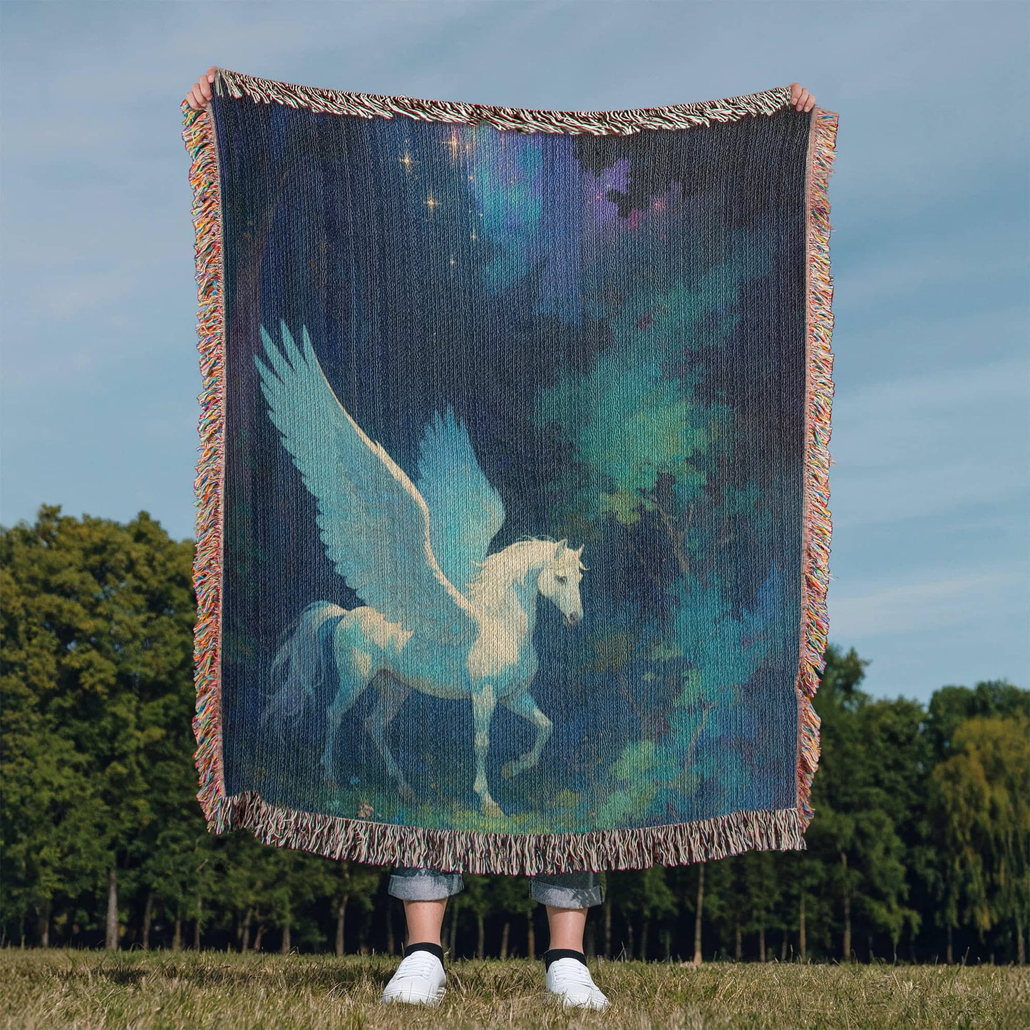 Woven Cotton Blanket – Fantasy White Pegasus in Moonlit Enchanted Forest