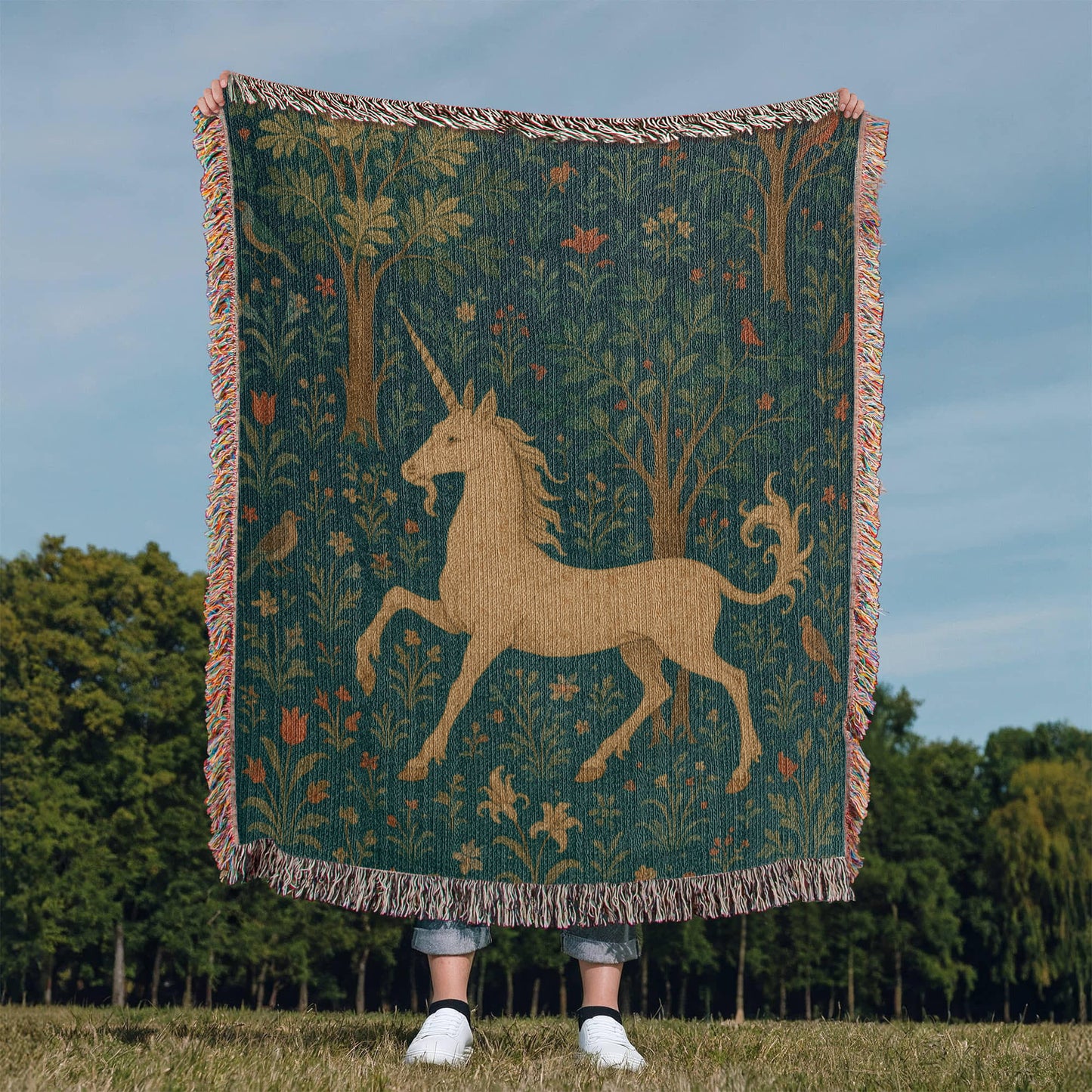 100% Cotton Woven Blanket – Magical Unicorn among Woodland Flowers and Birds