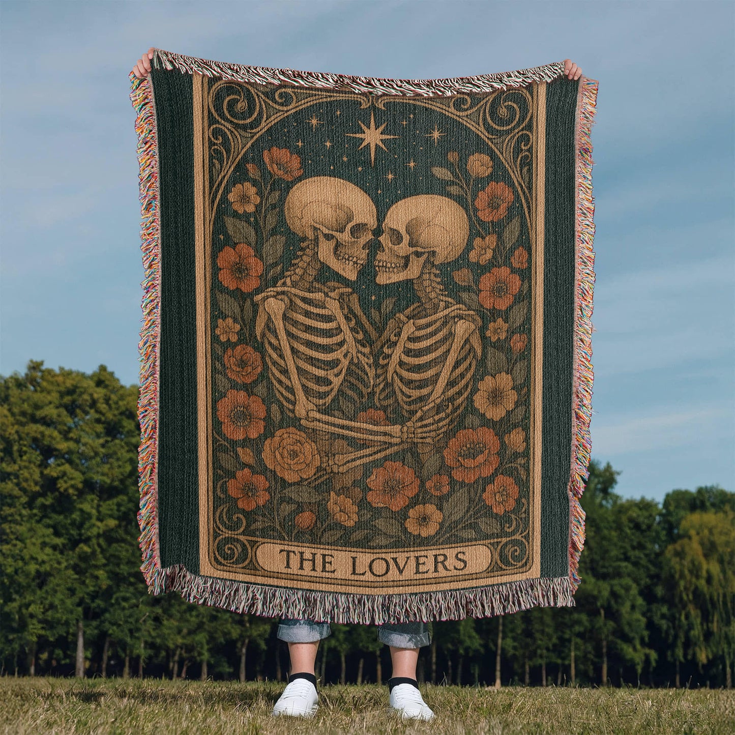 Woven Cotton Blanket – Enchanted Skeleton Couple in Floral Starry Scene, The Lovers Artwork