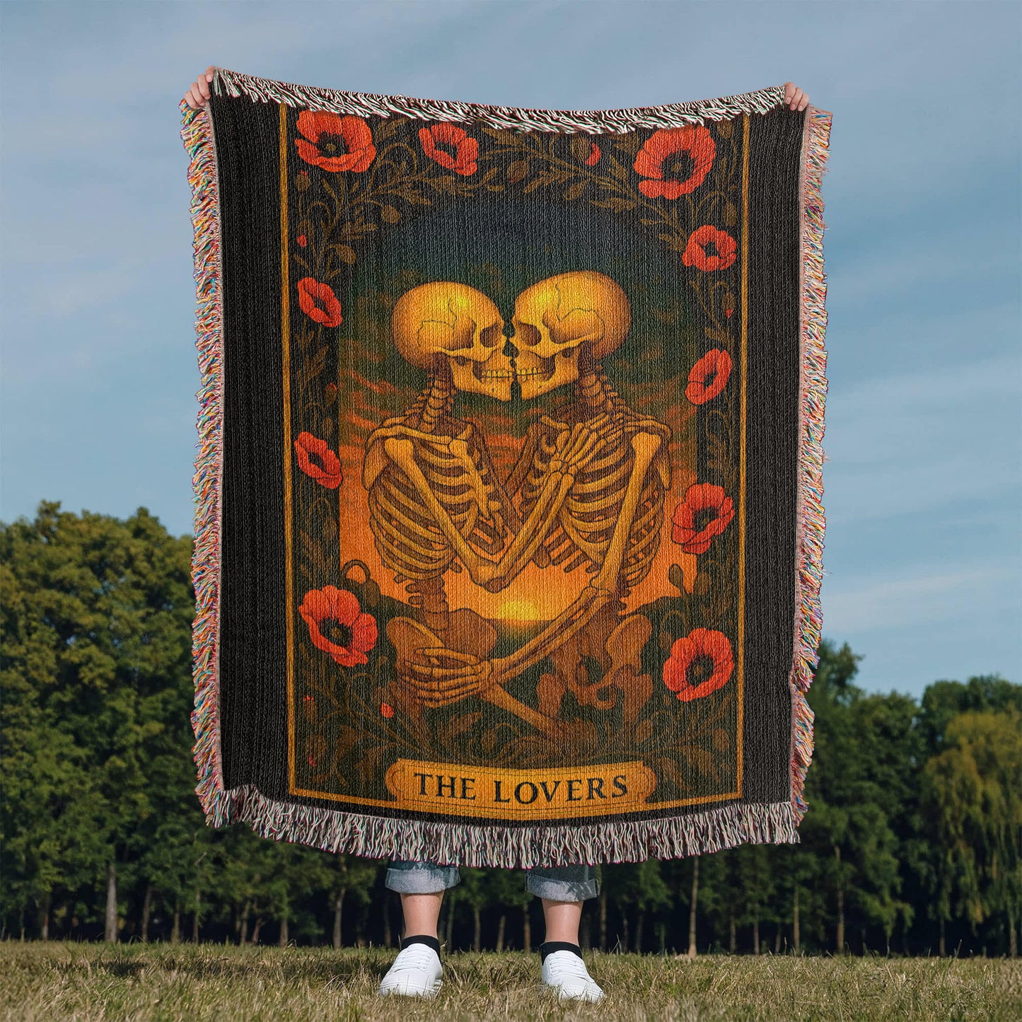 Premium Woven Cotton Throw – Skeleton Lovers with Poppy Garland Frame, Sunset Scene & The Lovers Caption