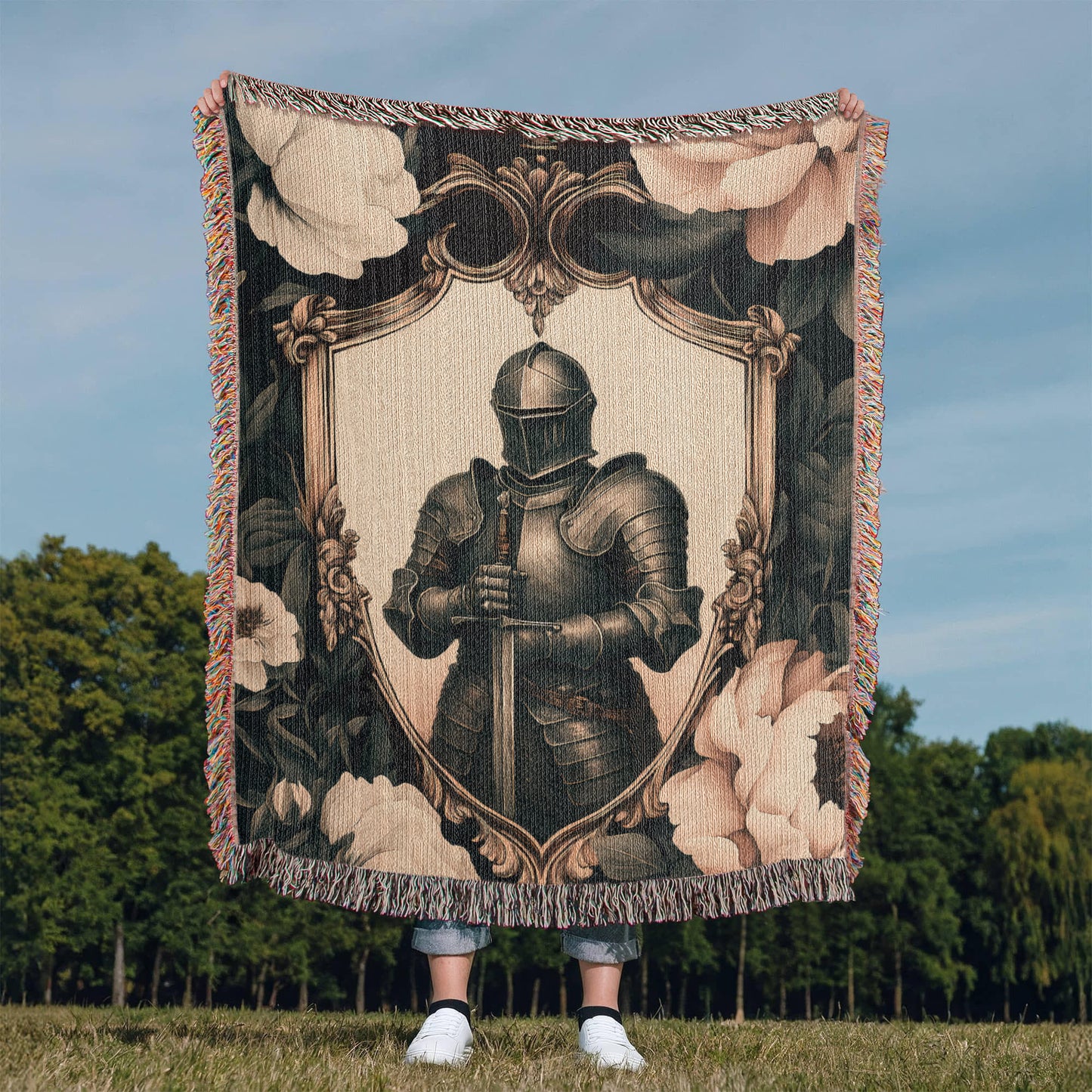 Premium Woven Cotton Throw – Knight Holding Sword in Heraldic Shield Frame