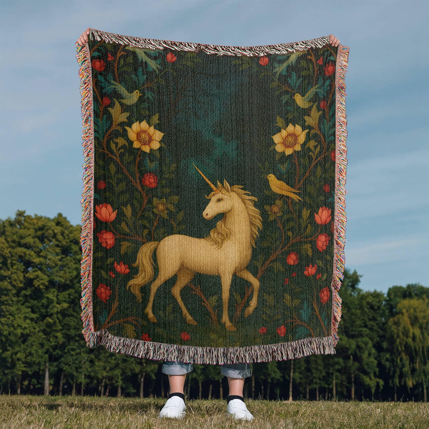 Premium Woven Cotton Throw – Enchanted Forest Unicorn Surrounded by Birds and Blossoms