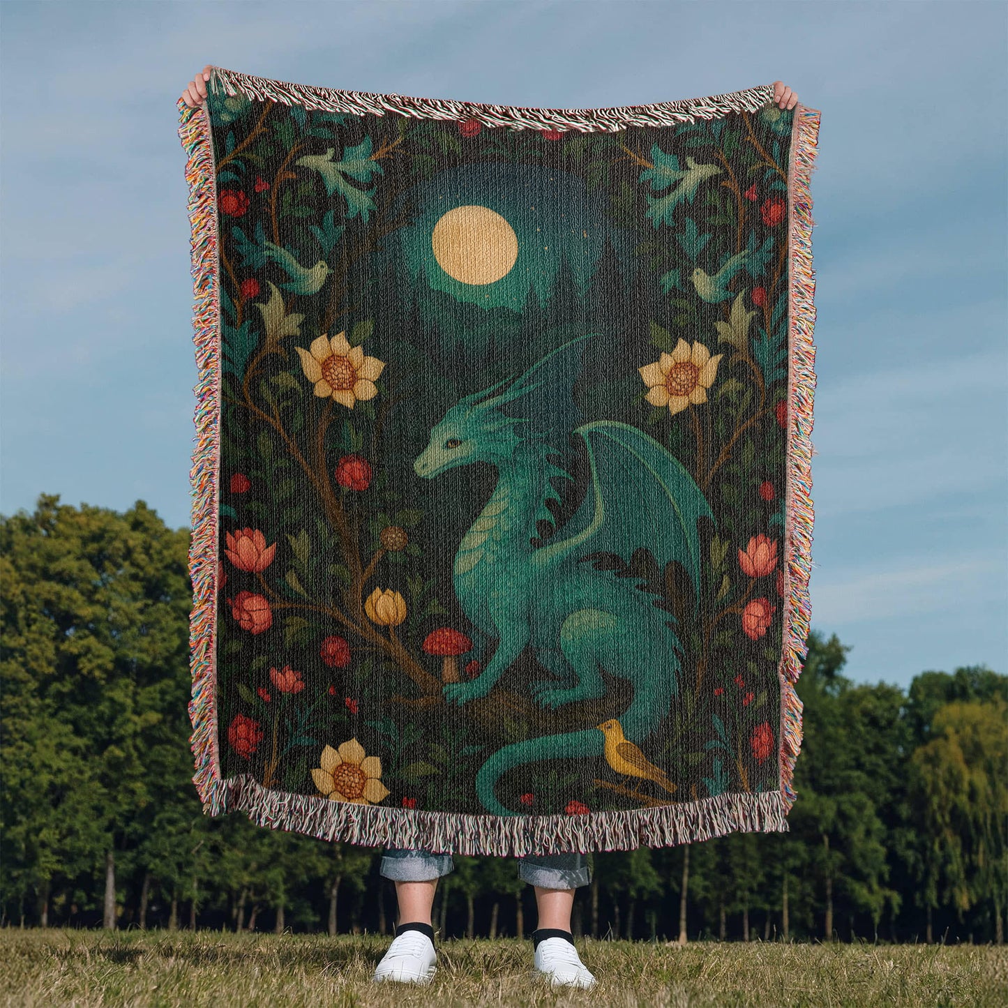100% Cotton Woven Blanket – Magical Dragon in Moonlit Woodland Scene