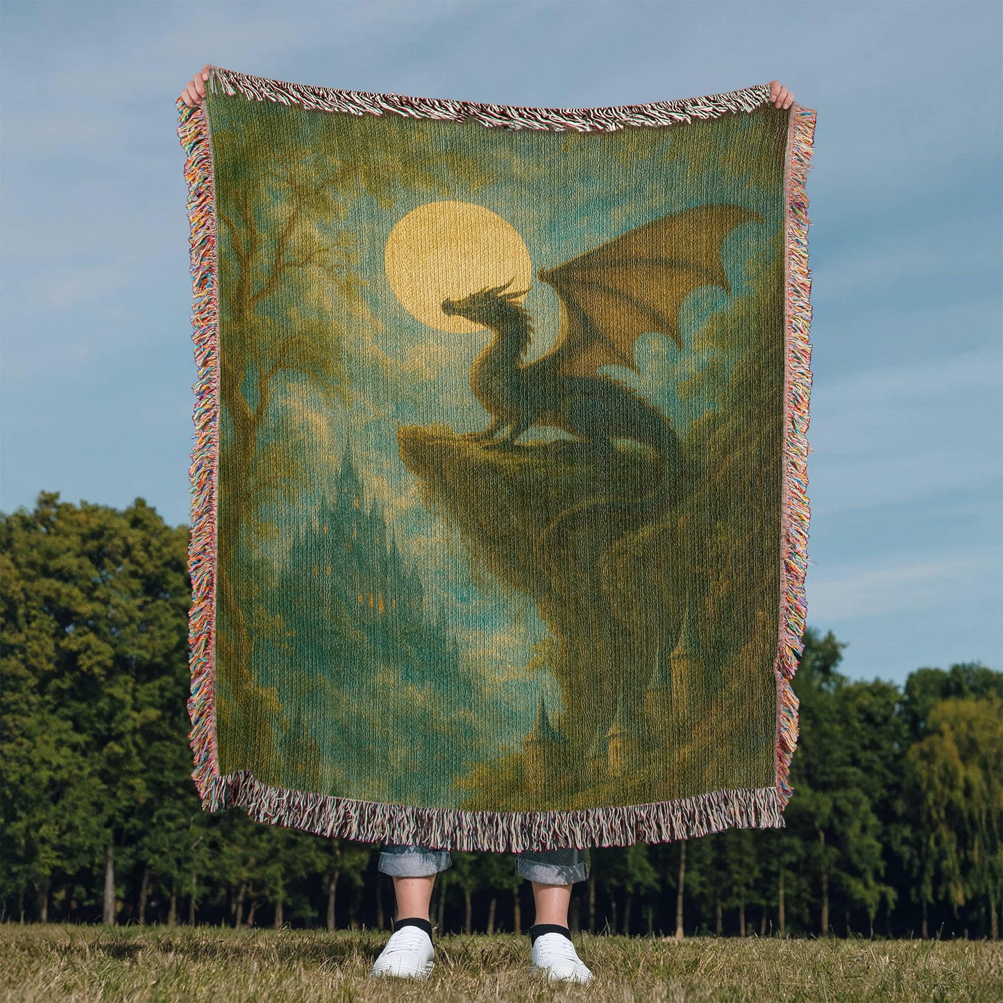 Premium Woven Cotton Throw – Fantasy Dragon on Cliff at Night with Castle in Distance