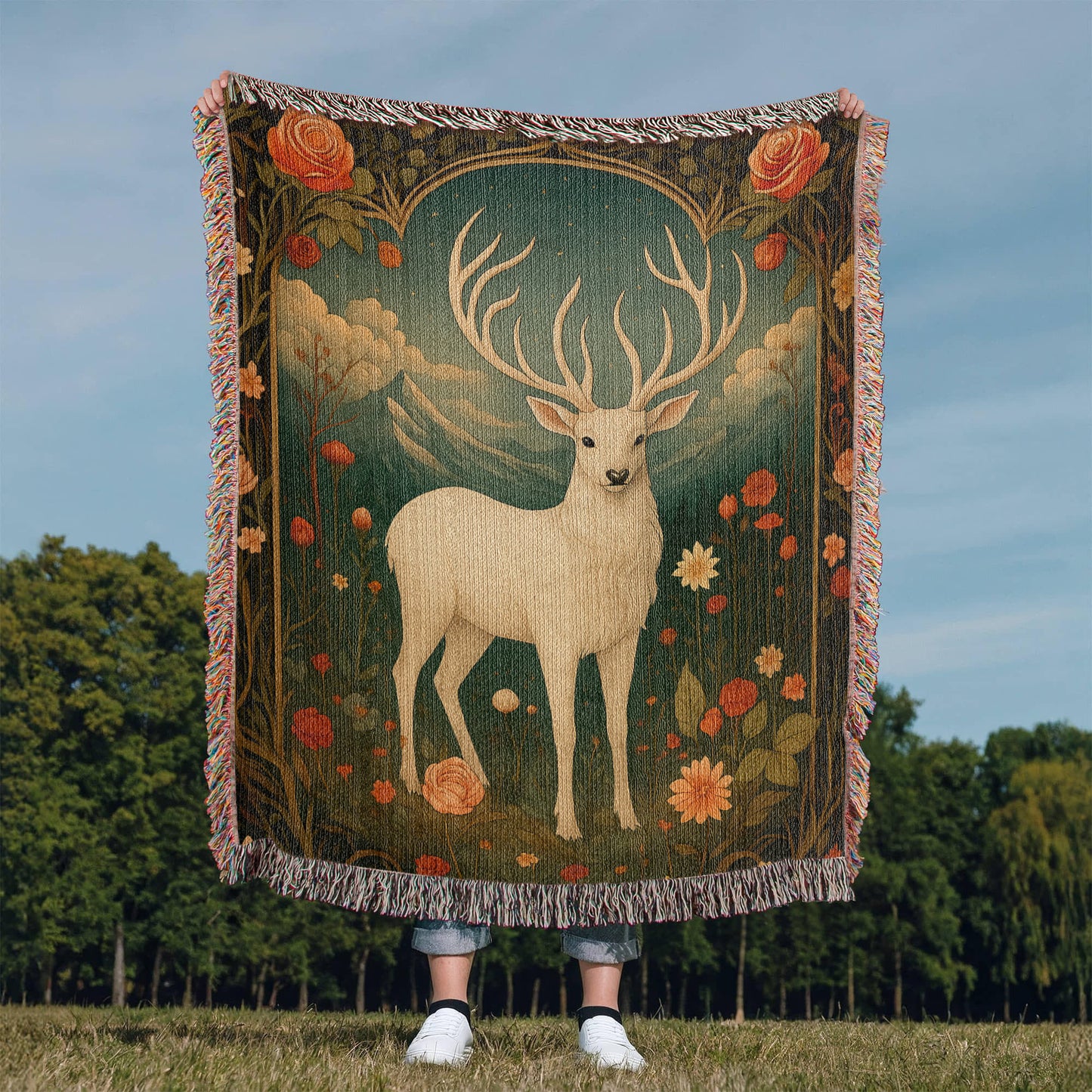 100% Cotton Woven Blanket – Enchanted White Deer with Mountain Clouds and Floral Accents
