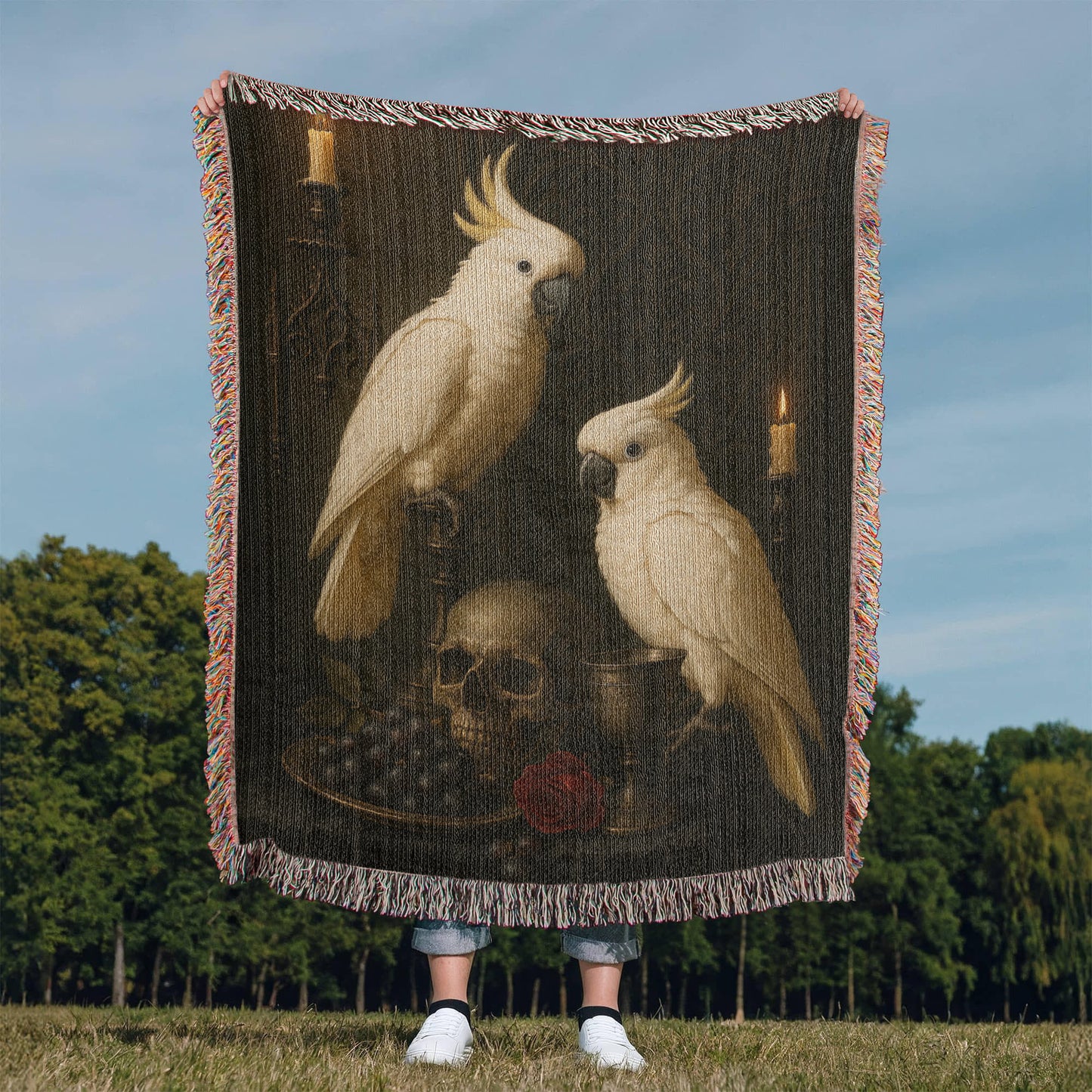 100% Cotton Woven Blanket – White Parrots on Table with Skull, Grapes, Rose and Bronze Chalice