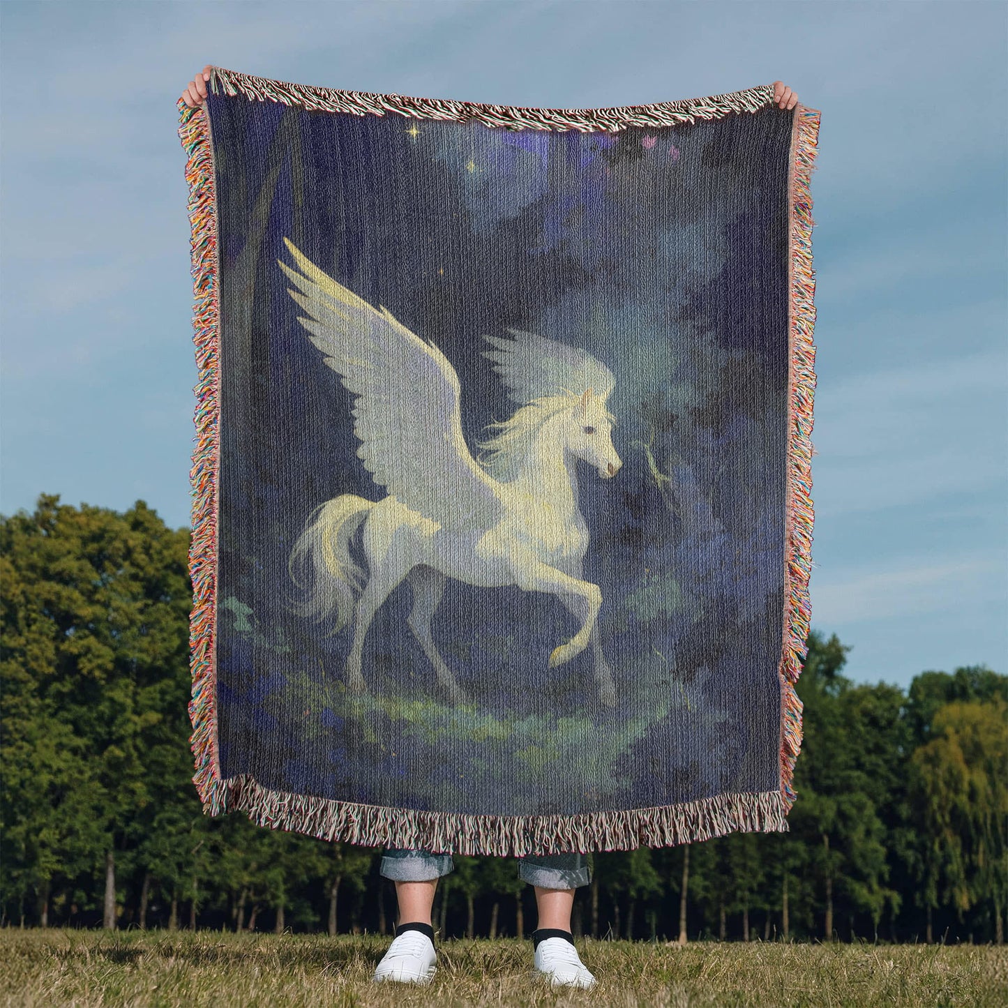 Premium Woven Cotton Throw – White Pegasus under Starry Sky in Mystical Forest