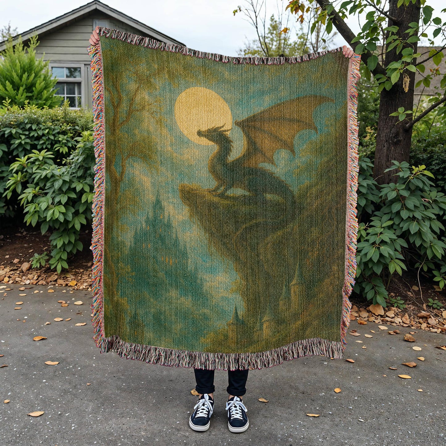 Premium Woven Cotton Throw – Fantasy Dragon on Cliff at Night with Castle in Distance