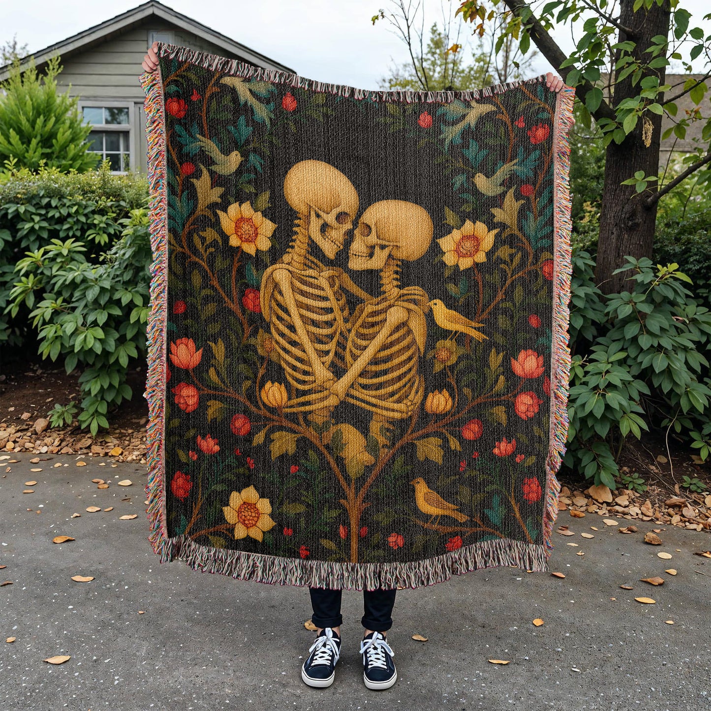 Premium Woven Cotton Throw – Skeleton Lovers in Enchanted Floral Border