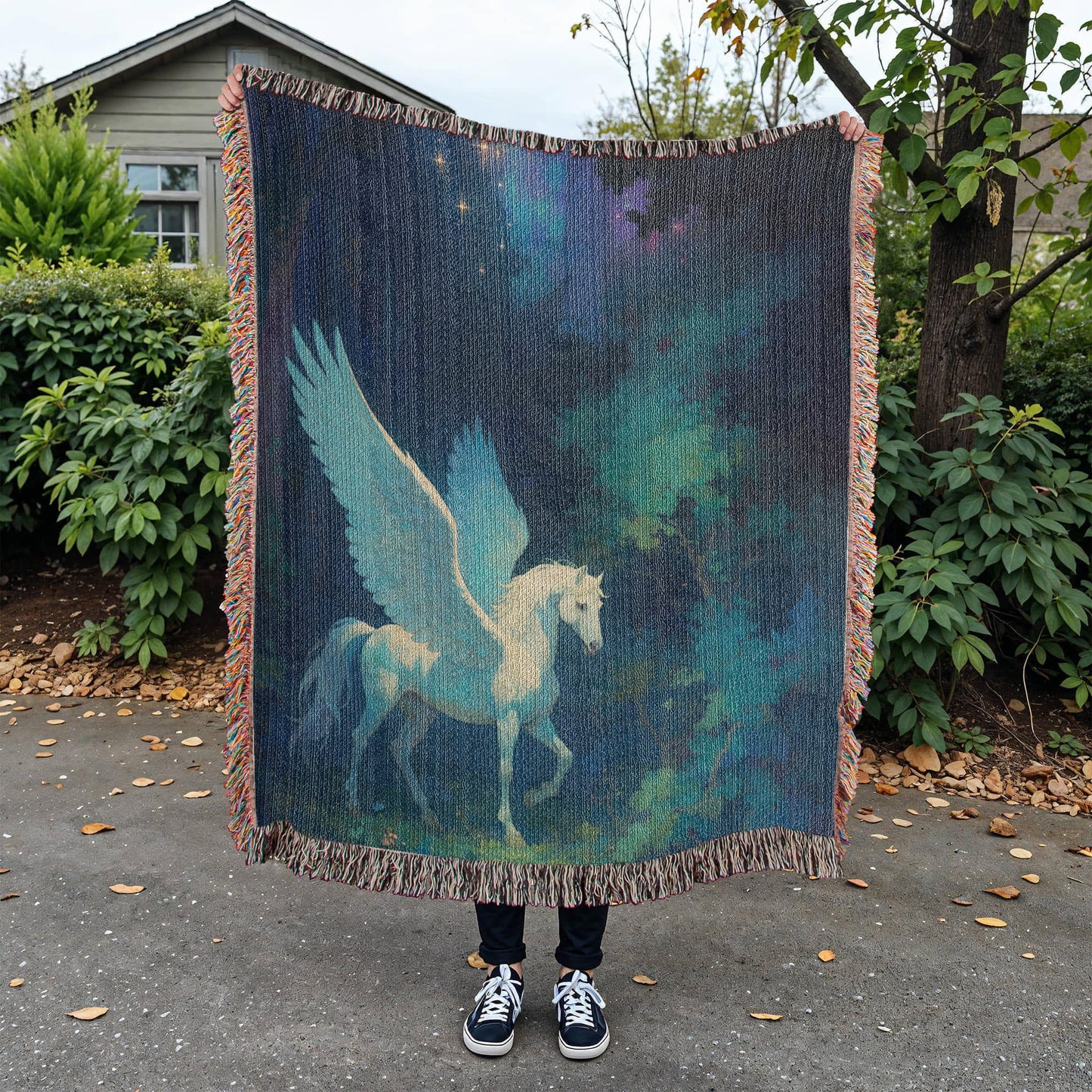 Woven Cotton Blanket – Fantasy White Pegasus in Moonlit Enchanted Forest