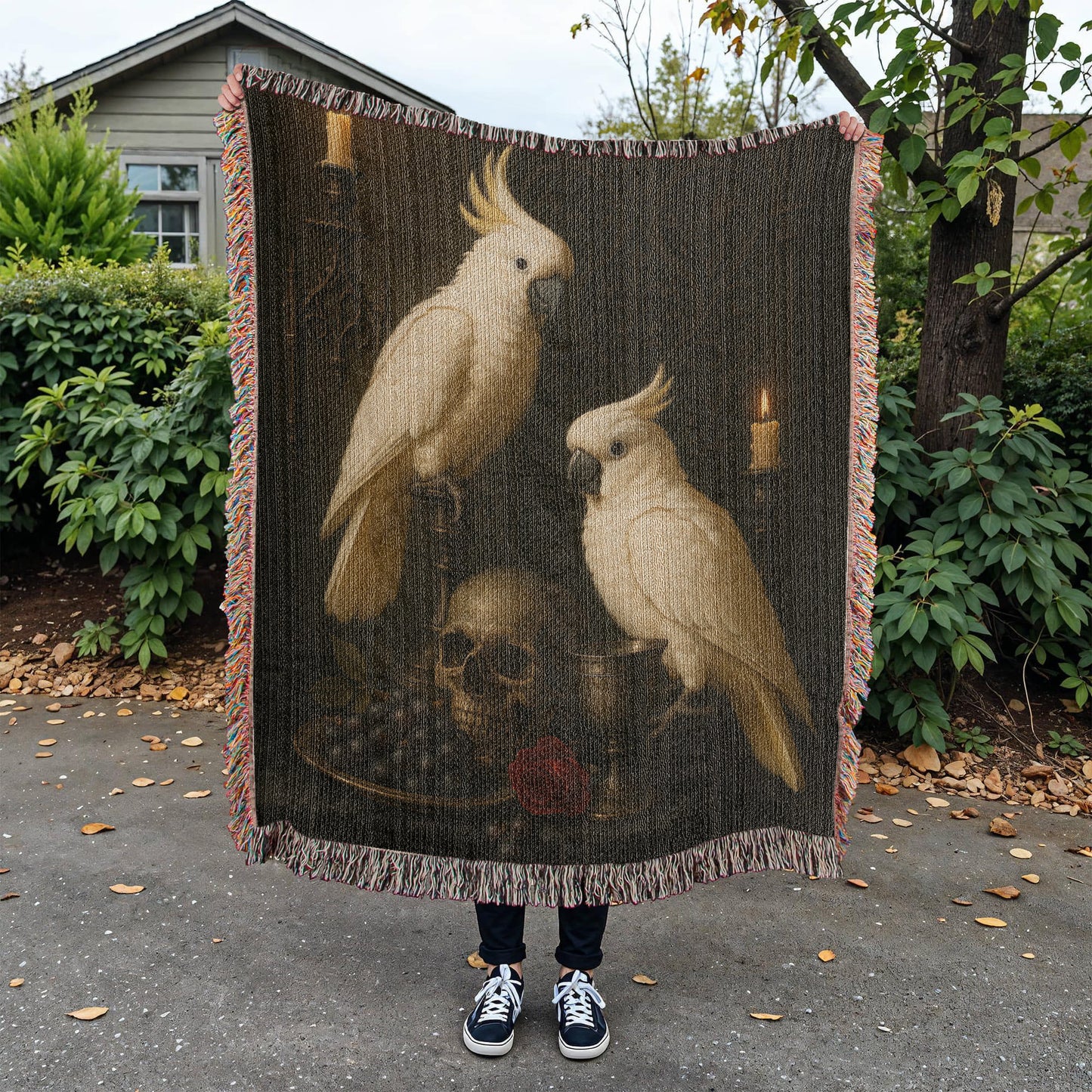 100% Cotton Woven Blanket – White Parrots on Table with Skull, Grapes, Rose and Bronze Chalice