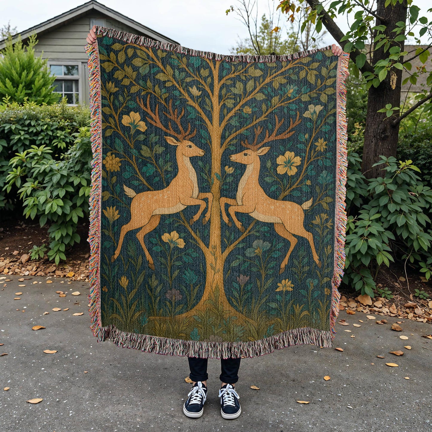 Premium Woven Cotton Throw – Fantasy Deer Duo Rearing Face to Face under Enchanted Tree