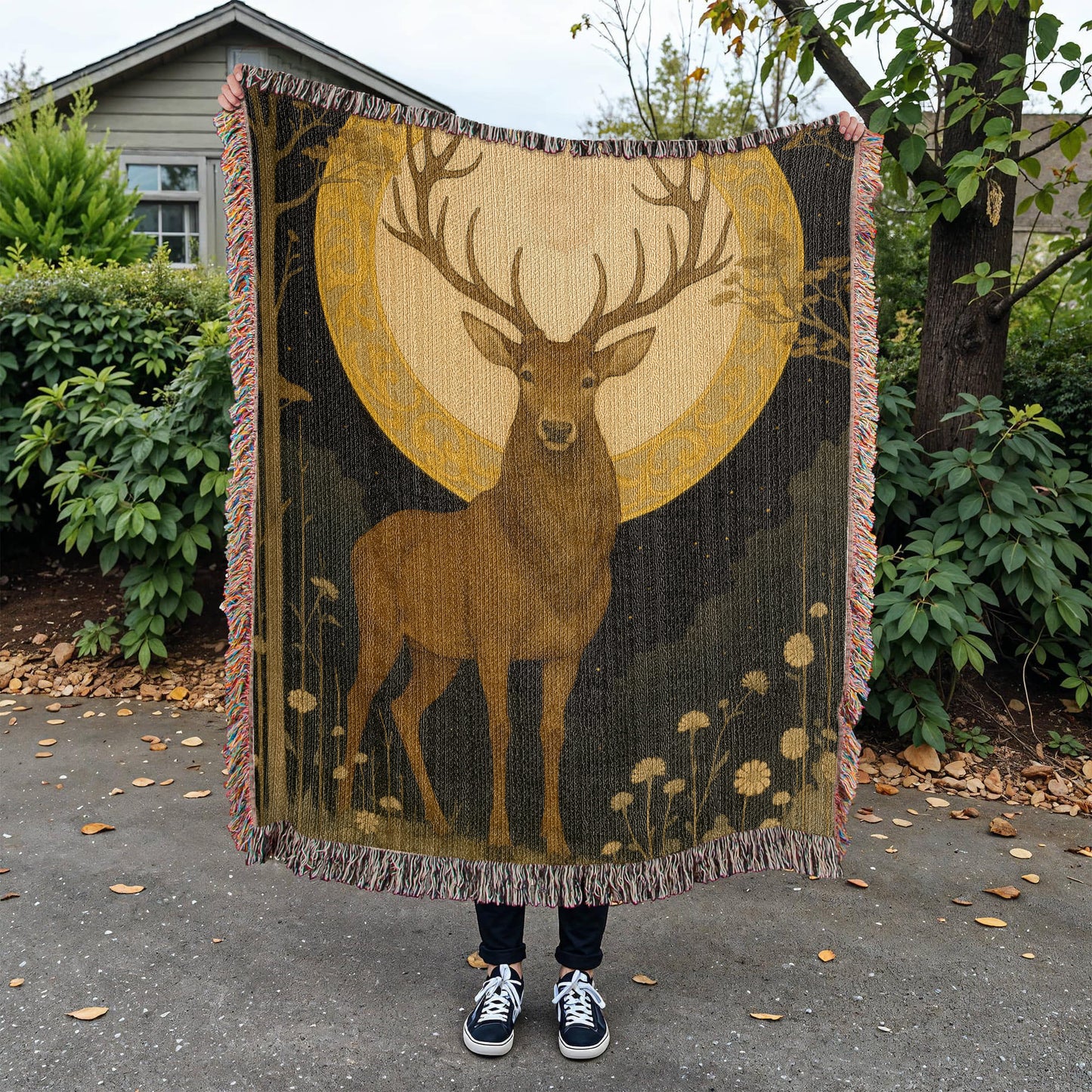 100% Cotton Woven Blanket – Majestic Deer on Night Meadow under Full Moon