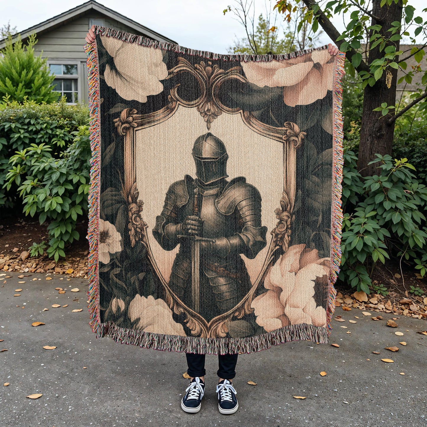 Premium Woven Cotton Throw – Knight Holding Sword in Heraldic Shield Frame