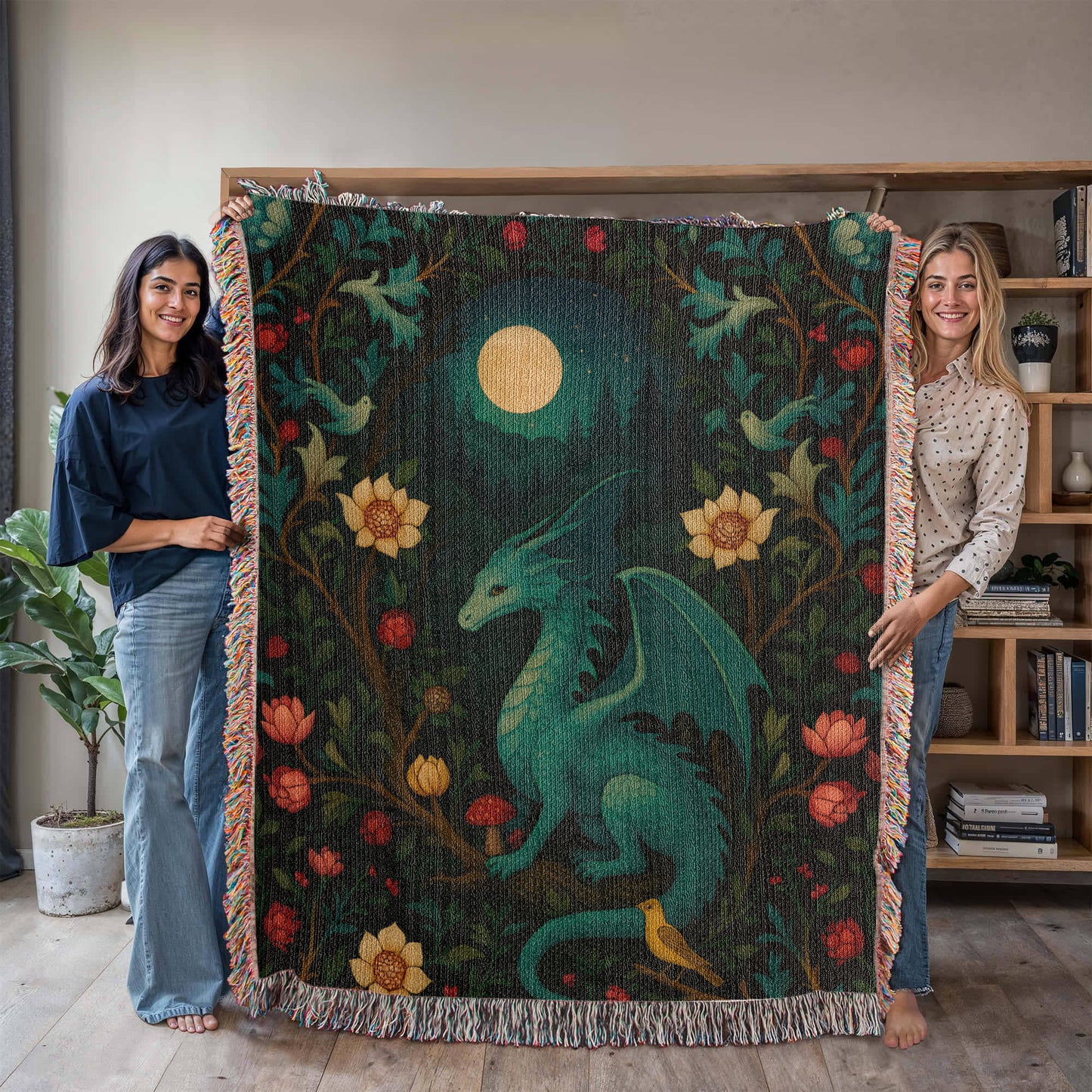 100% Cotton Woven Blanket – Magical Dragon in Moonlit Woodland Scene