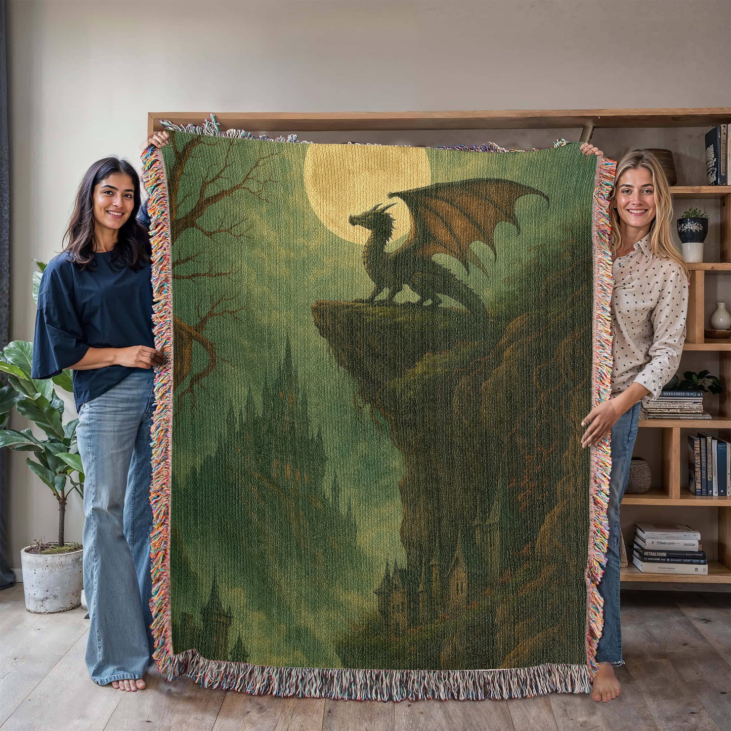 100% Cotton Woven Blanket – Majestic Dragon on Rocky Cliff under Moonlight with Castle View