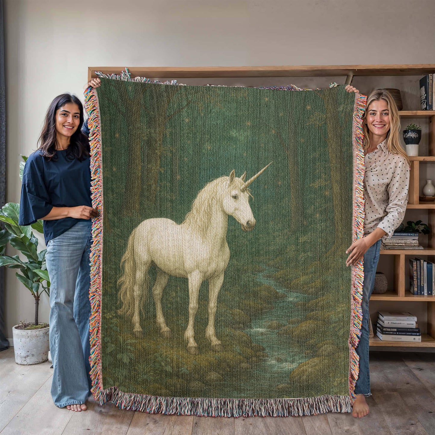 Premium Woven Cotton Throw – Unicorn in Dark Forest by Quiet Stream