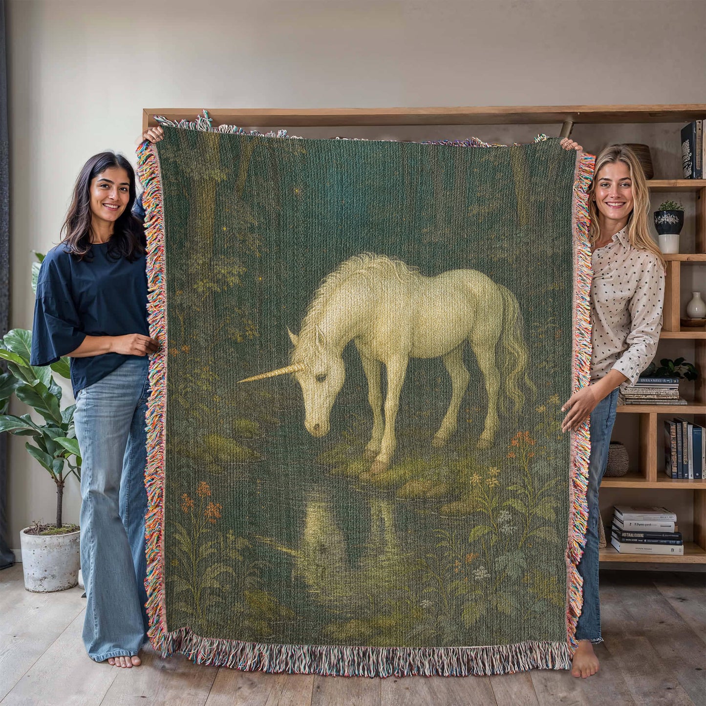 Heirloom Woven Cotton Blanket – Magical Night Forest Scene with Unicorn near Stream