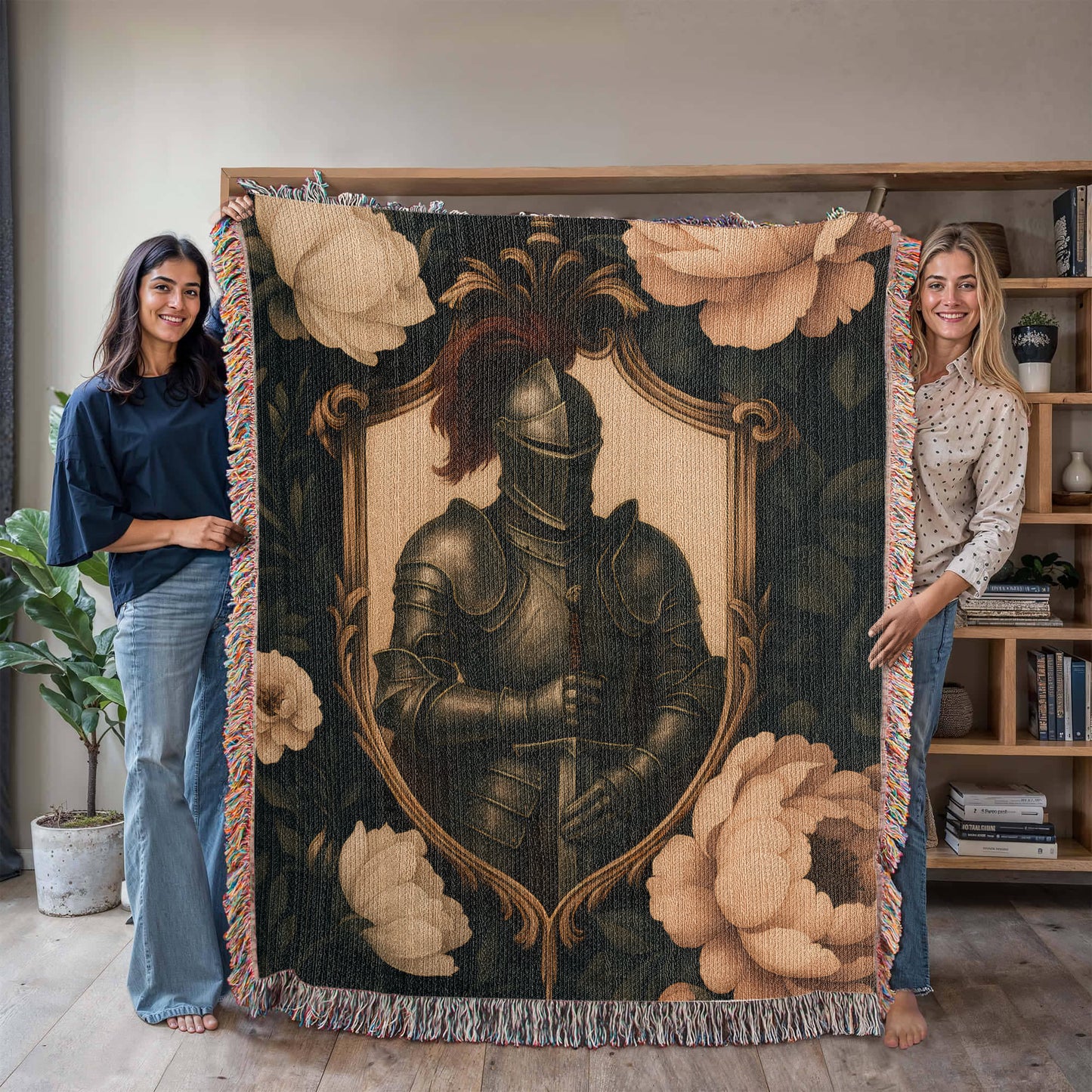 100% Cotton Woven Blanket – Medieval Knight with Sword Inside Shield Frame
