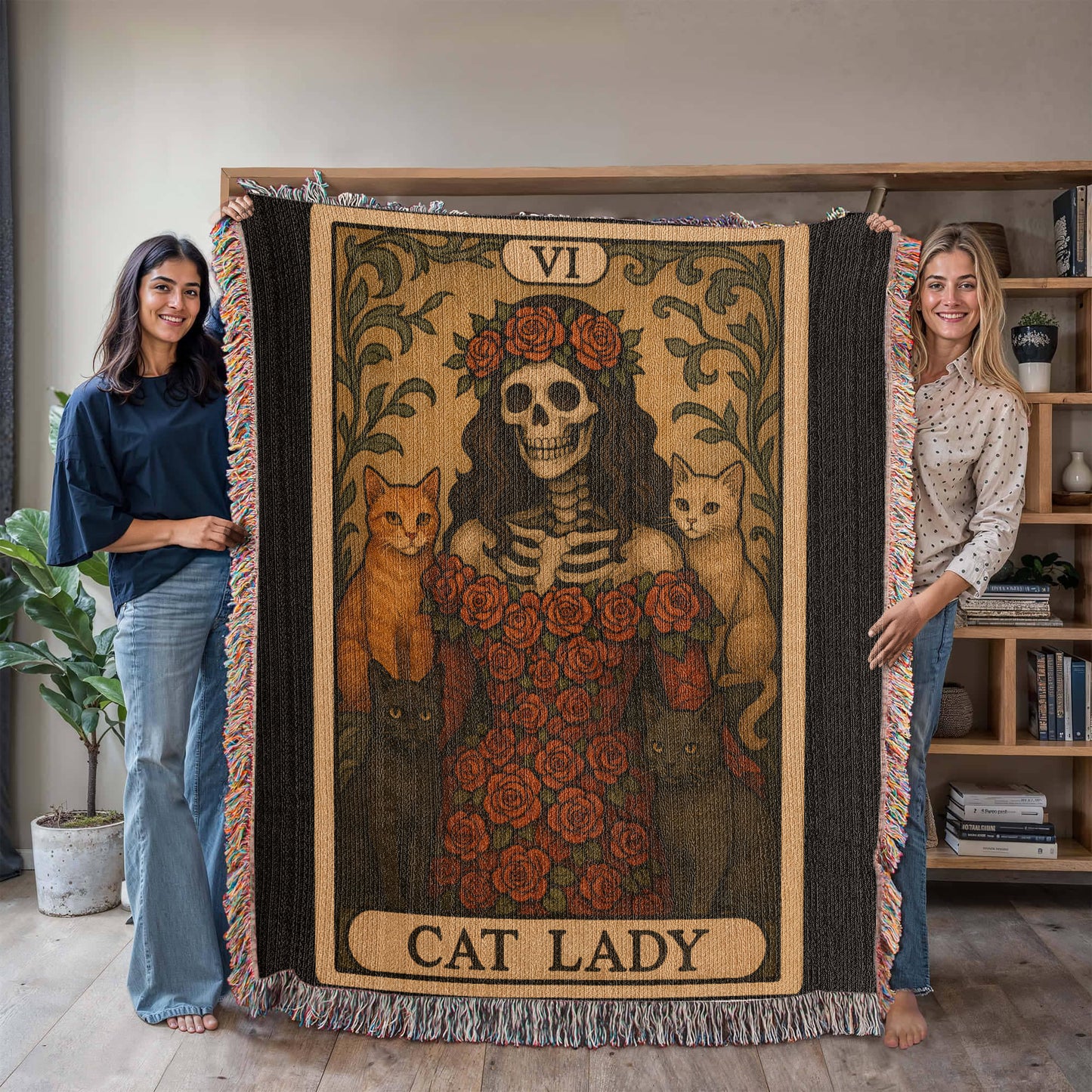 100% Cotton Woven Blanket – Gothic Skeleton Cat Lady Wearing Red Roses Gown with Four Cats, Cat Lady Card Style