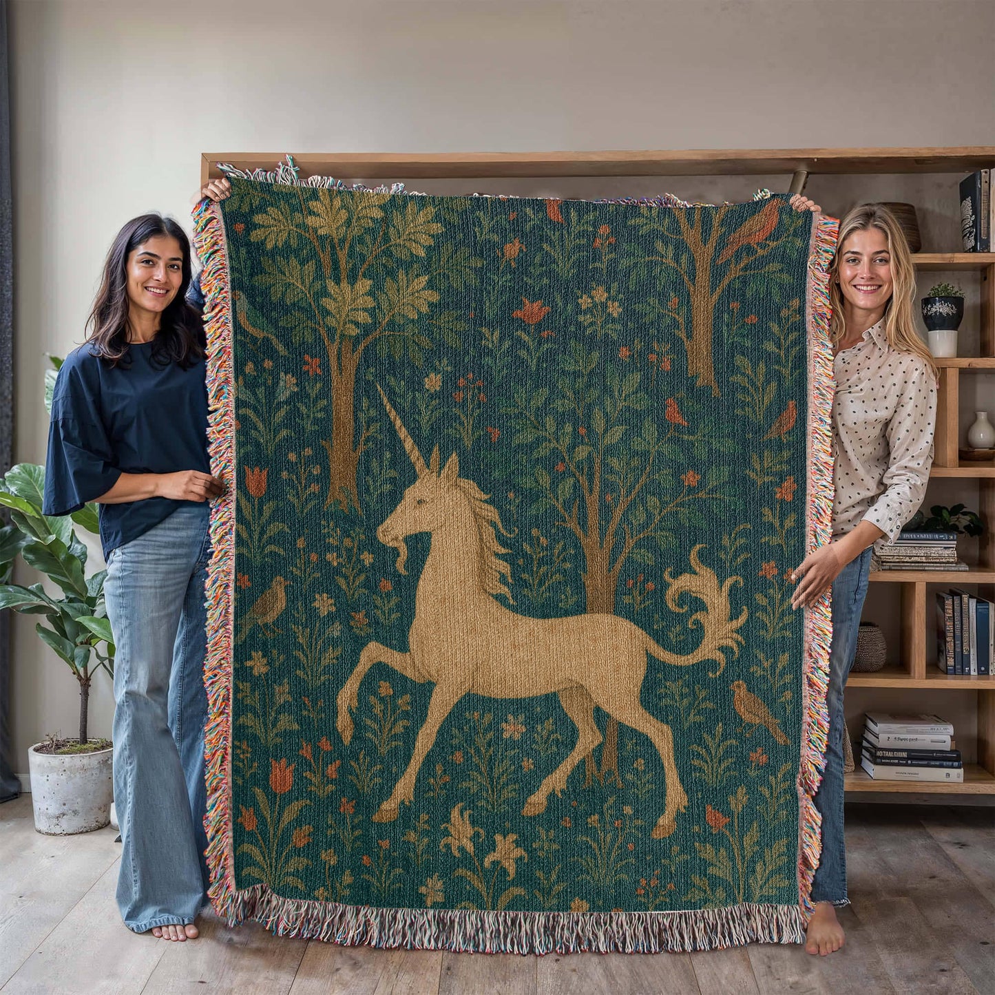 100% Cotton Woven Blanket – Magical Unicorn among Woodland Flowers and Birds