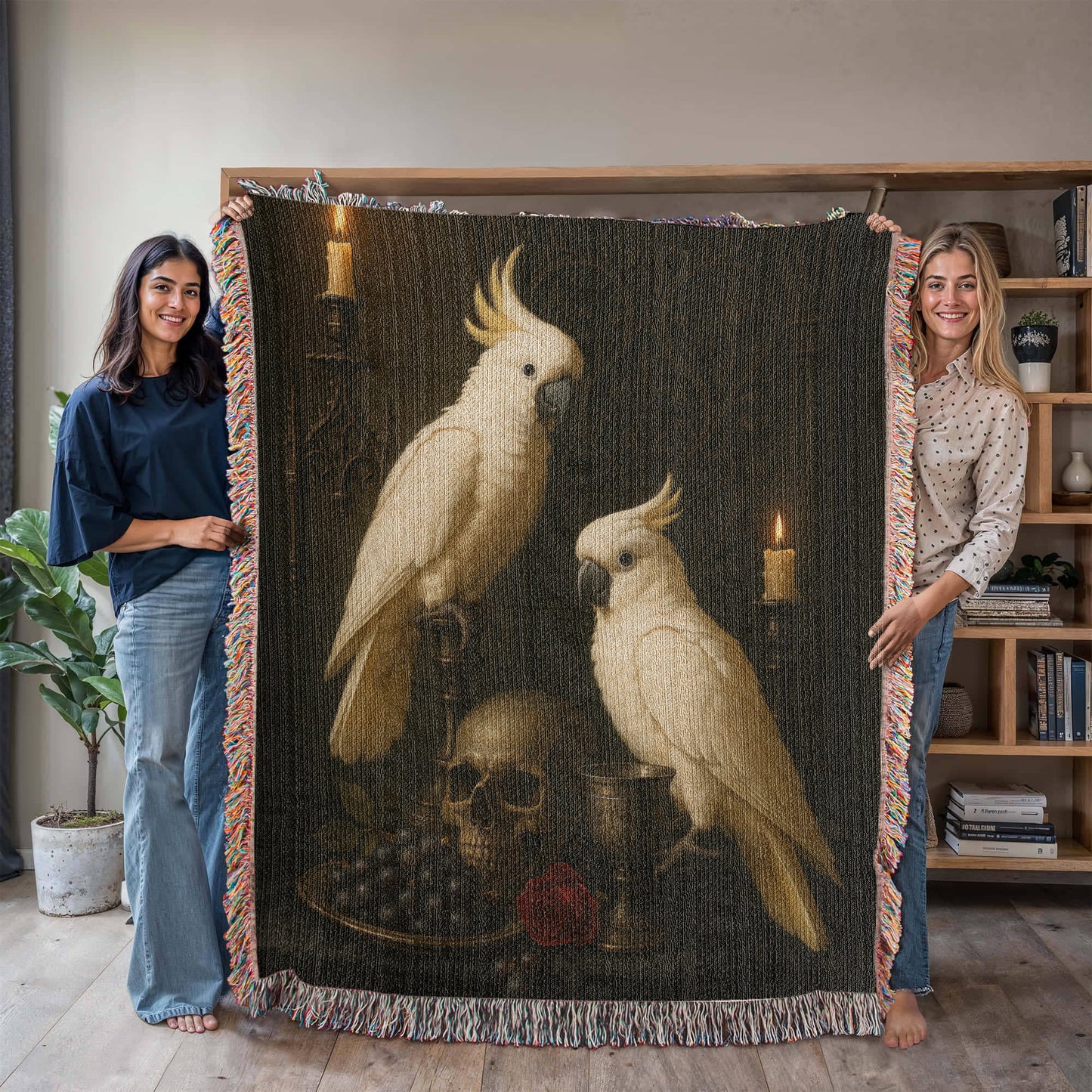 100% Cotton Woven Blanket – White Parrots on Table with Skull, Grapes, Rose and Bronze Chalice