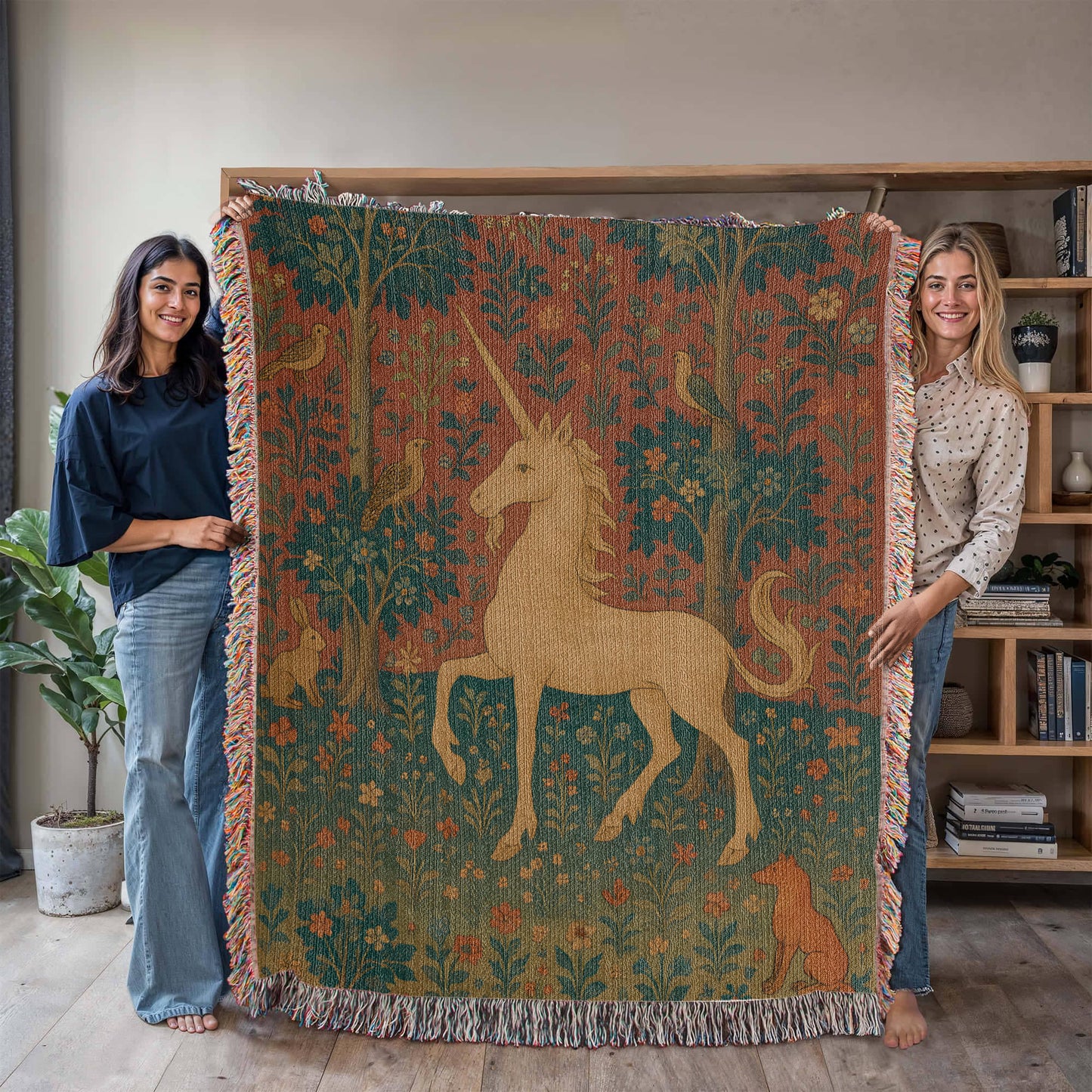 Premium Woven Cotton Throw – Enchanted Forest Unicorn and Fox Surrounded by Birds and Blossoms