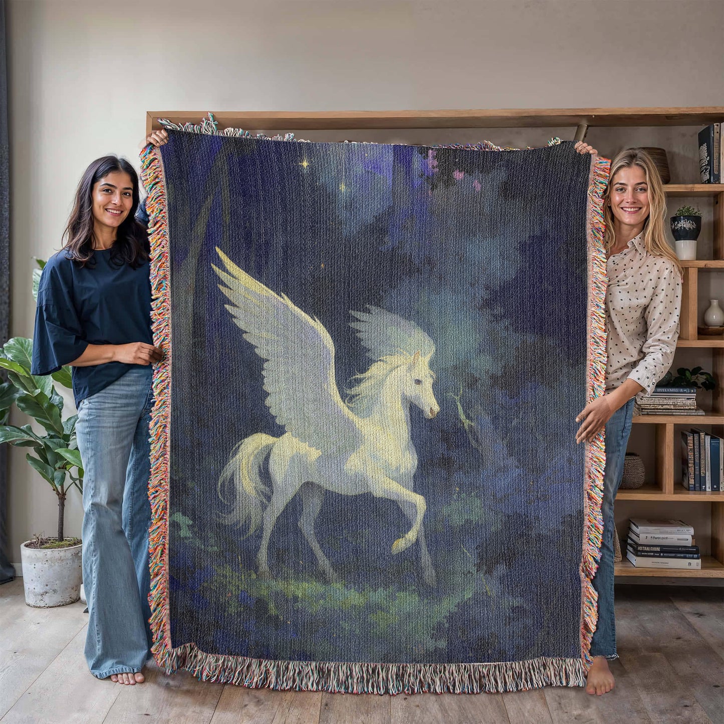 Premium Woven Cotton Throw – White Pegasus under Starry Sky in Mystical Forest