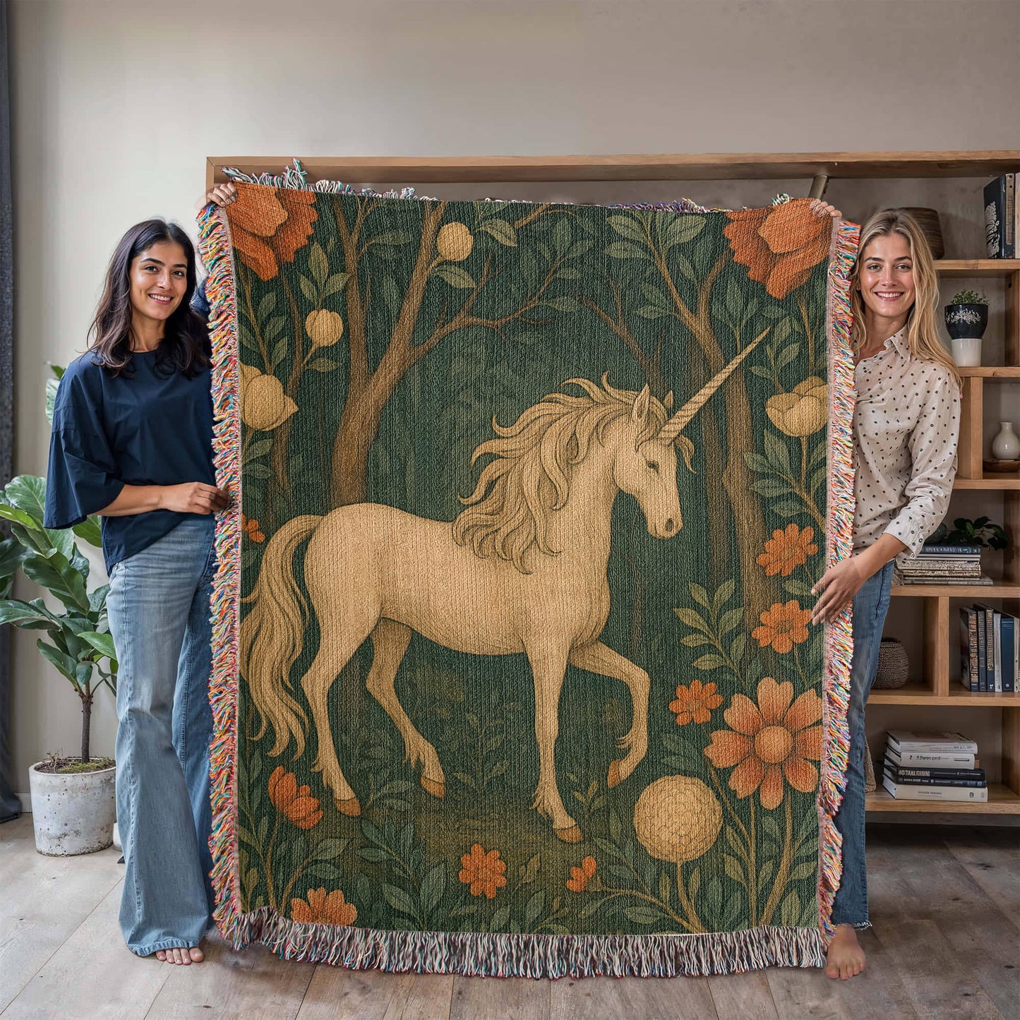 100% Cotton Woven Blanket – Magical Unicorn among Woodland Flowers