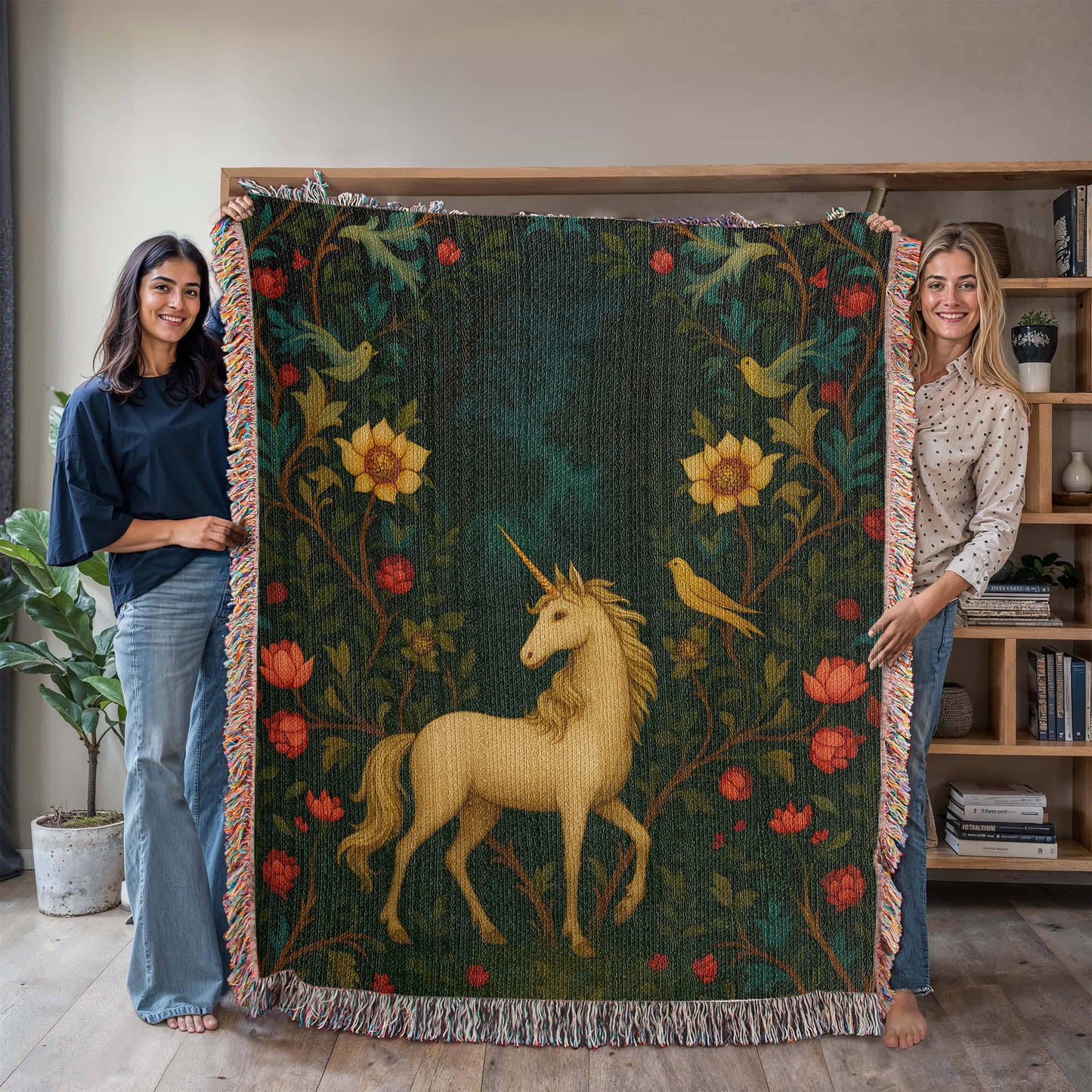 Premium Woven Cotton Throw – Enchanted Forest Unicorn Surrounded by Birds and Blossoms
