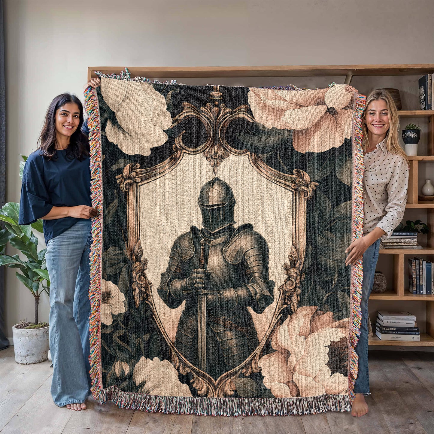 Premium Woven Cotton Throw – Knight Holding Sword in Heraldic Shield Frame