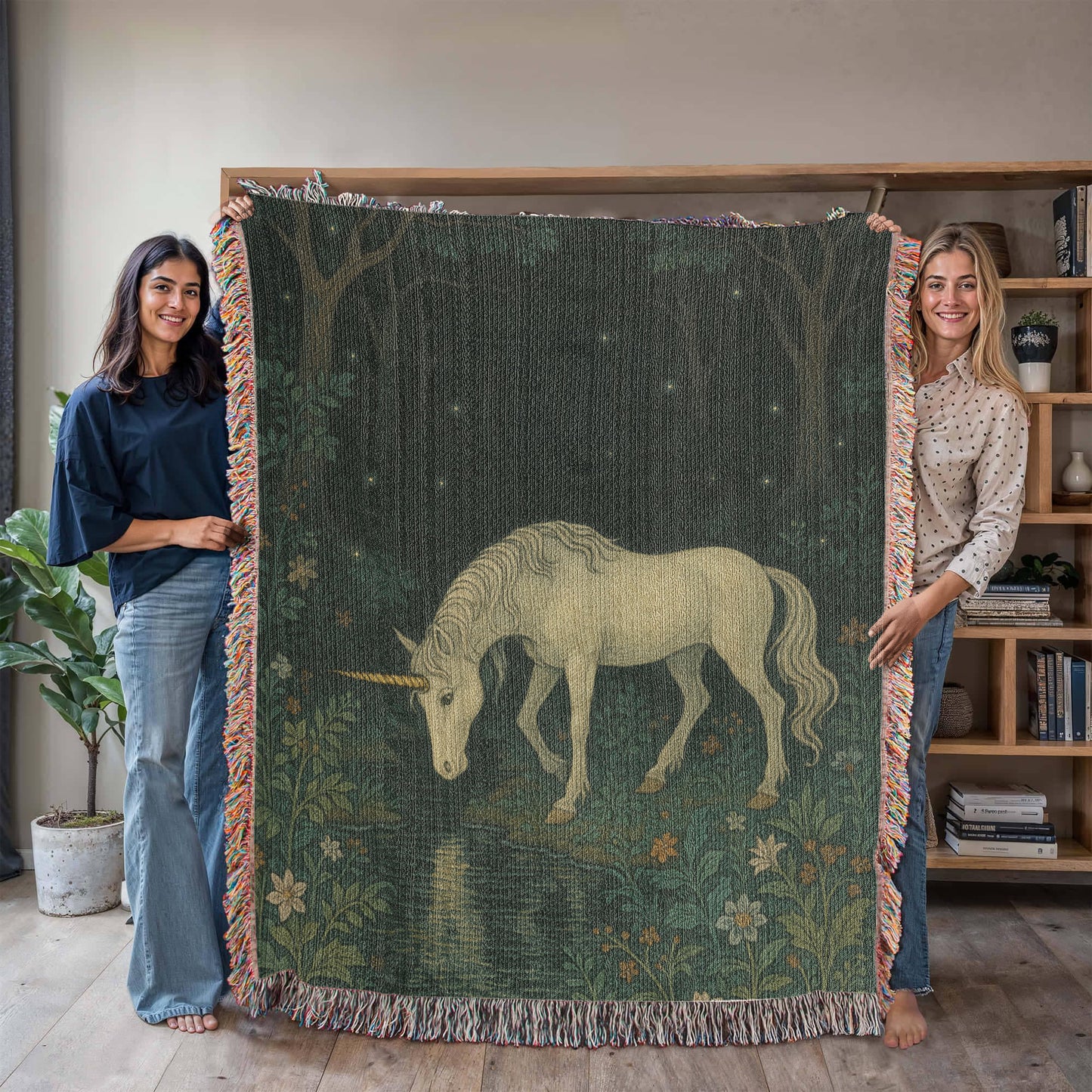 Premium Woven Cotton Throw – Unicorn in Dark Forest by Flowered Stream