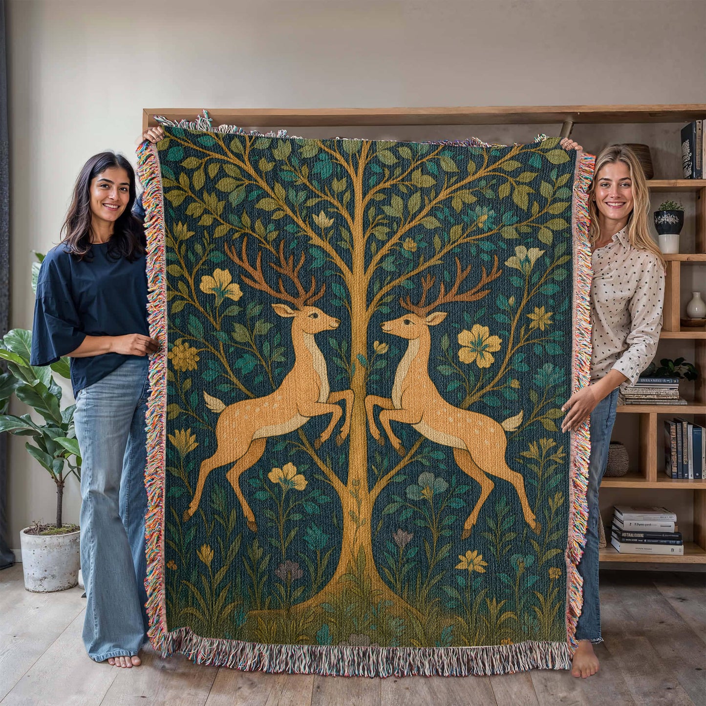 Premium Woven Cotton Throw – Fantasy Deer Duo Rearing Face to Face under Enchanted Tree