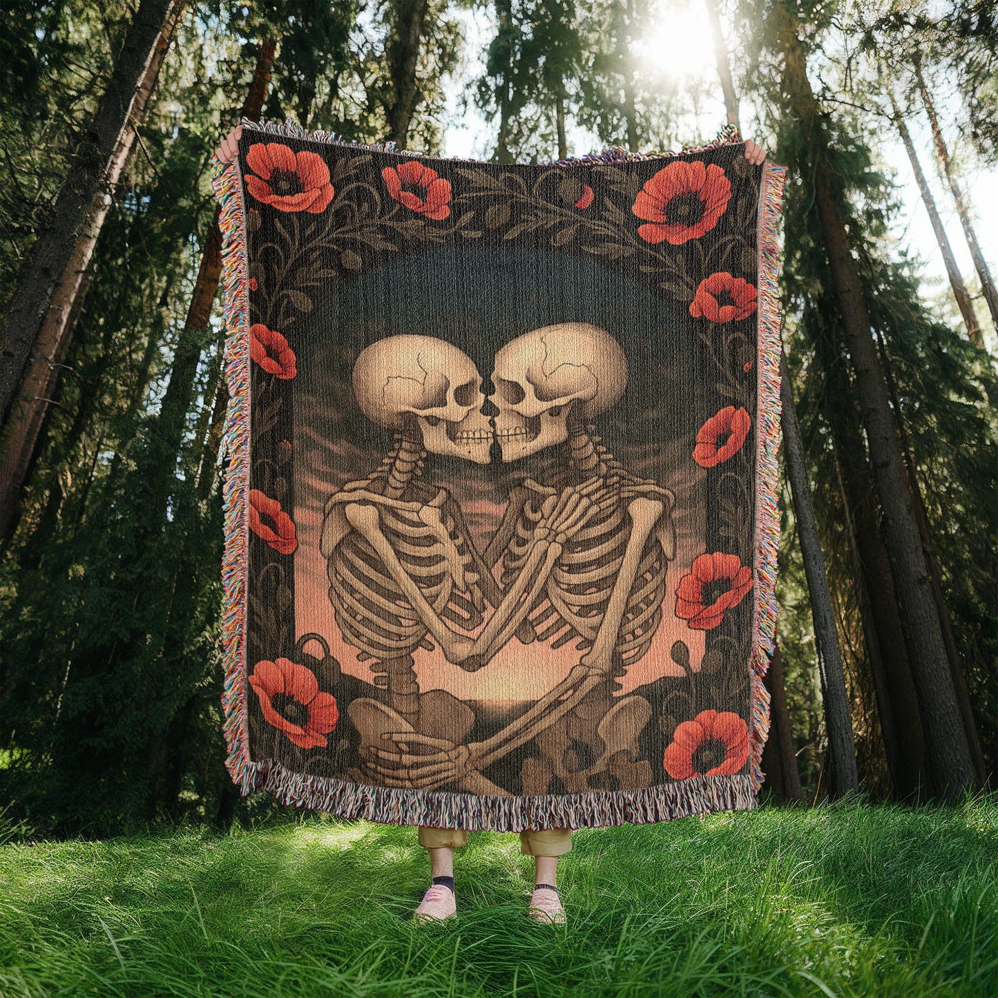 Woven Cotton Blanket – Enchanted Skeleton Couple in Poppy Flowers at Sunset