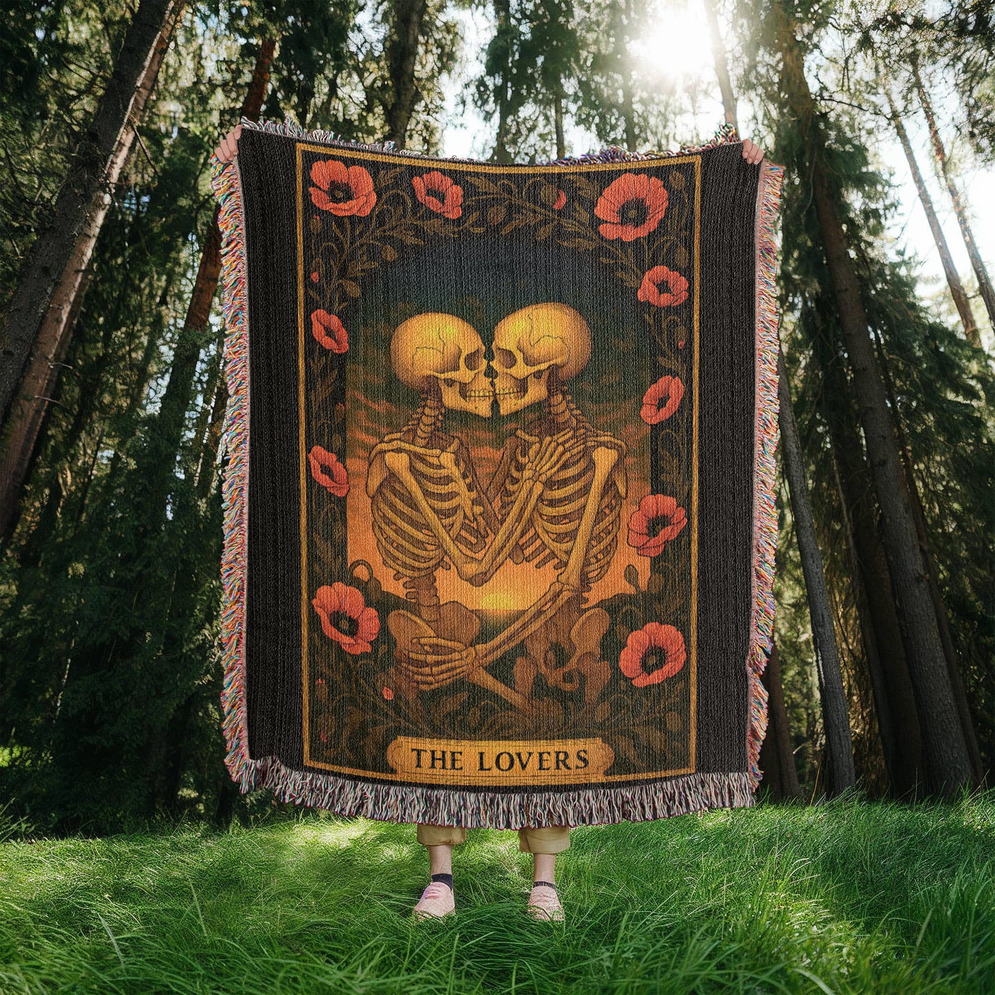 Premium Woven Cotton Throw – Skeleton Lovers with Poppy Garland Frame, Sunset Scene & The Lovers Caption