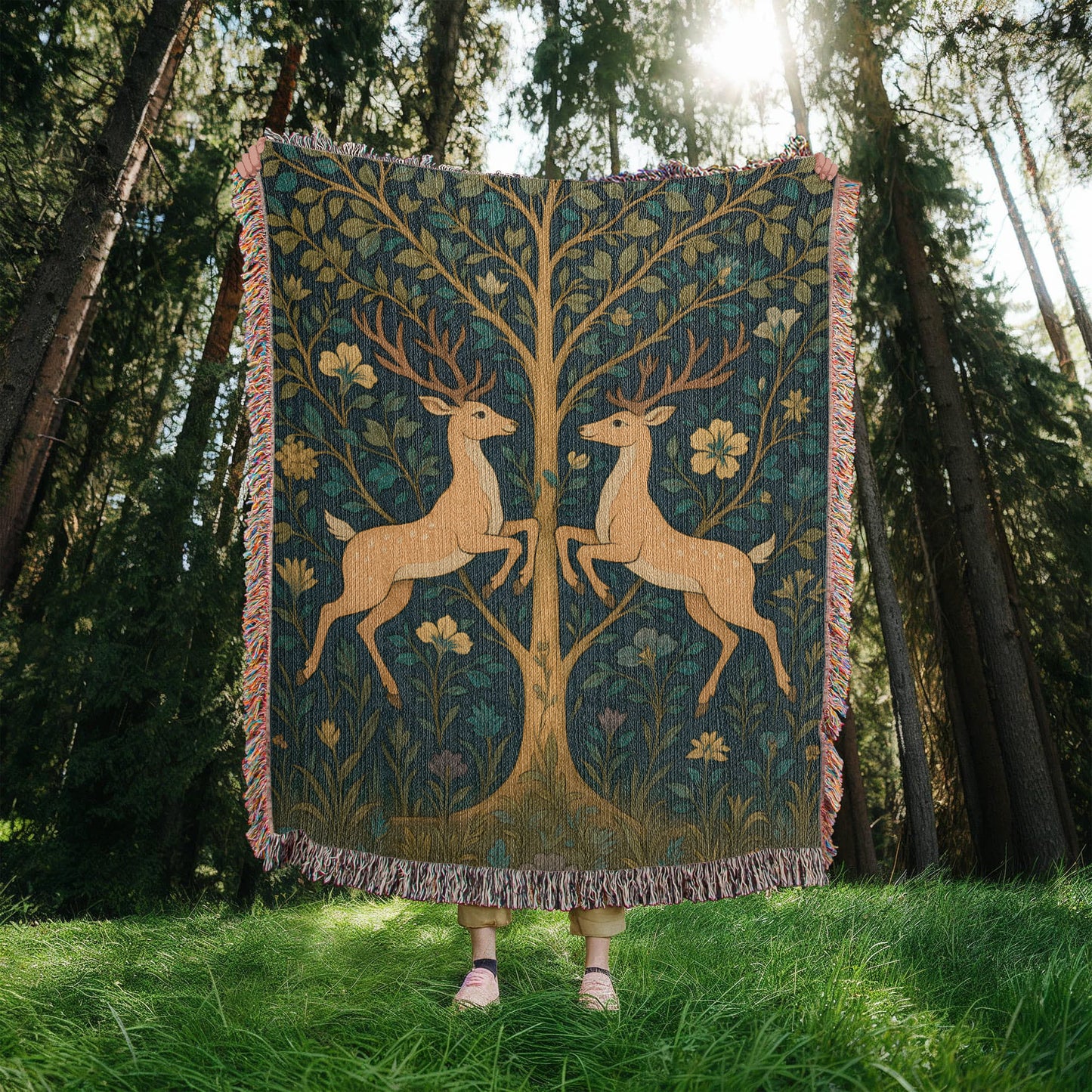 Premium Woven Cotton Throw – Fantasy Deer Duo Rearing Face to Face under Enchanted Tree