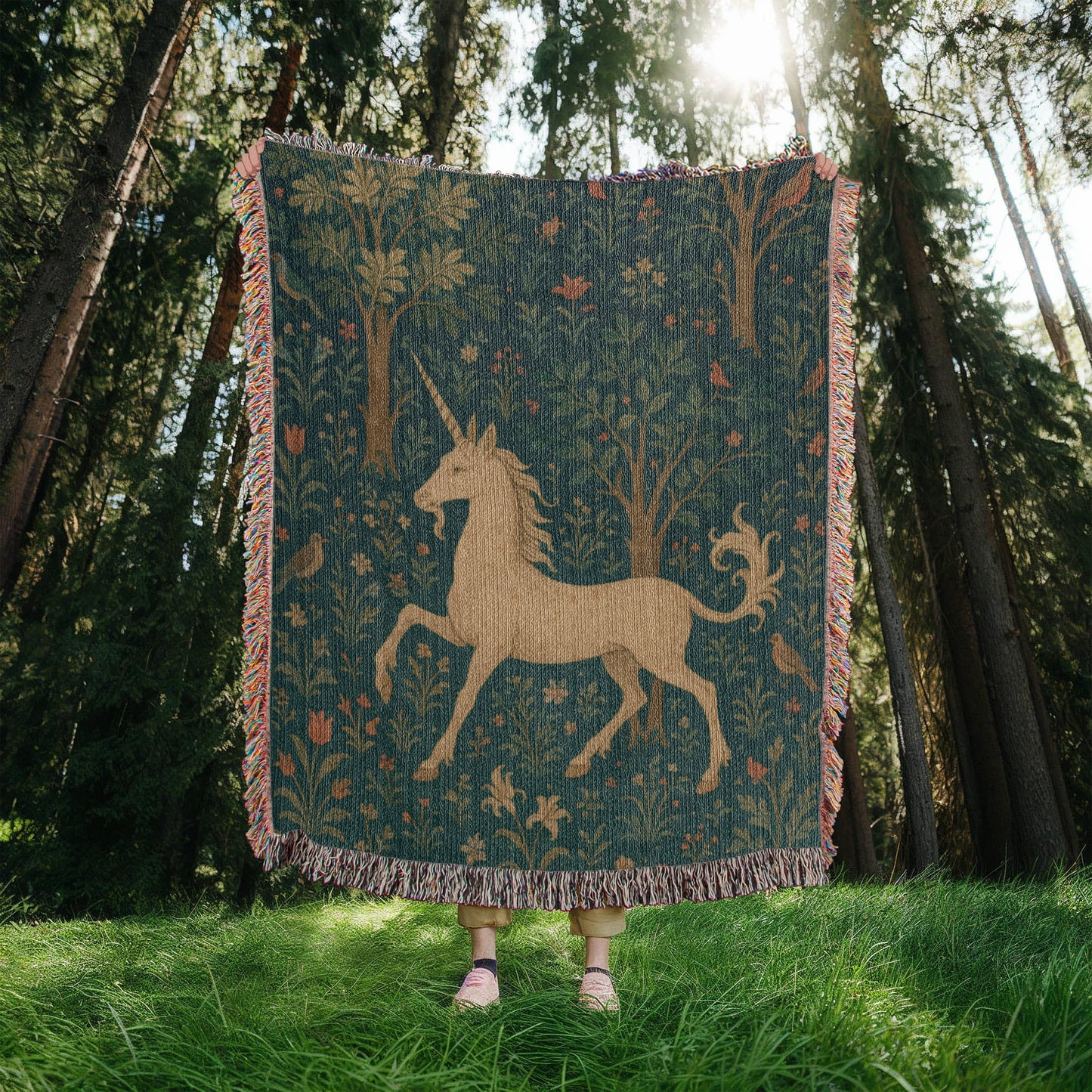 100% Cotton Woven Blanket – Magical Unicorn among Woodland Flowers and Birds