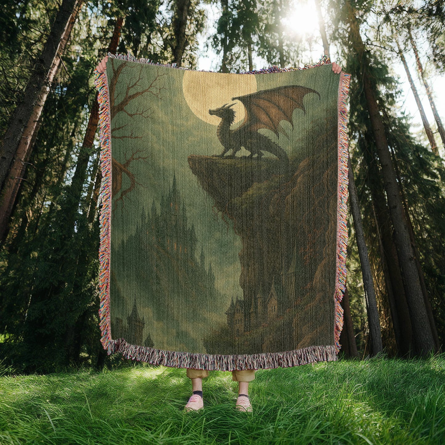 100% Cotton Woven Blanket – Majestic Dragon on Rocky Cliff under Moonlight with Castle View