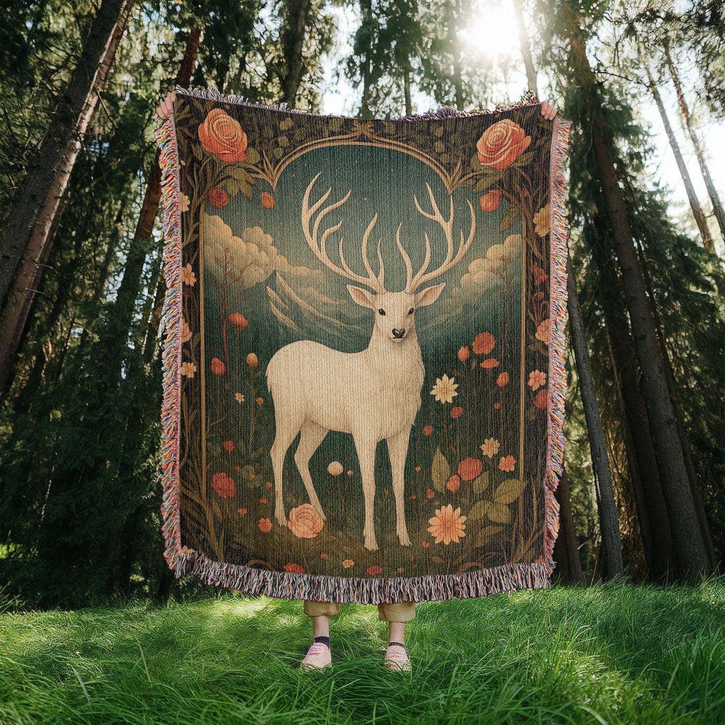 100% Cotton Woven Blanket – Enchanted White Deer with Mountain Clouds and Floral Accents