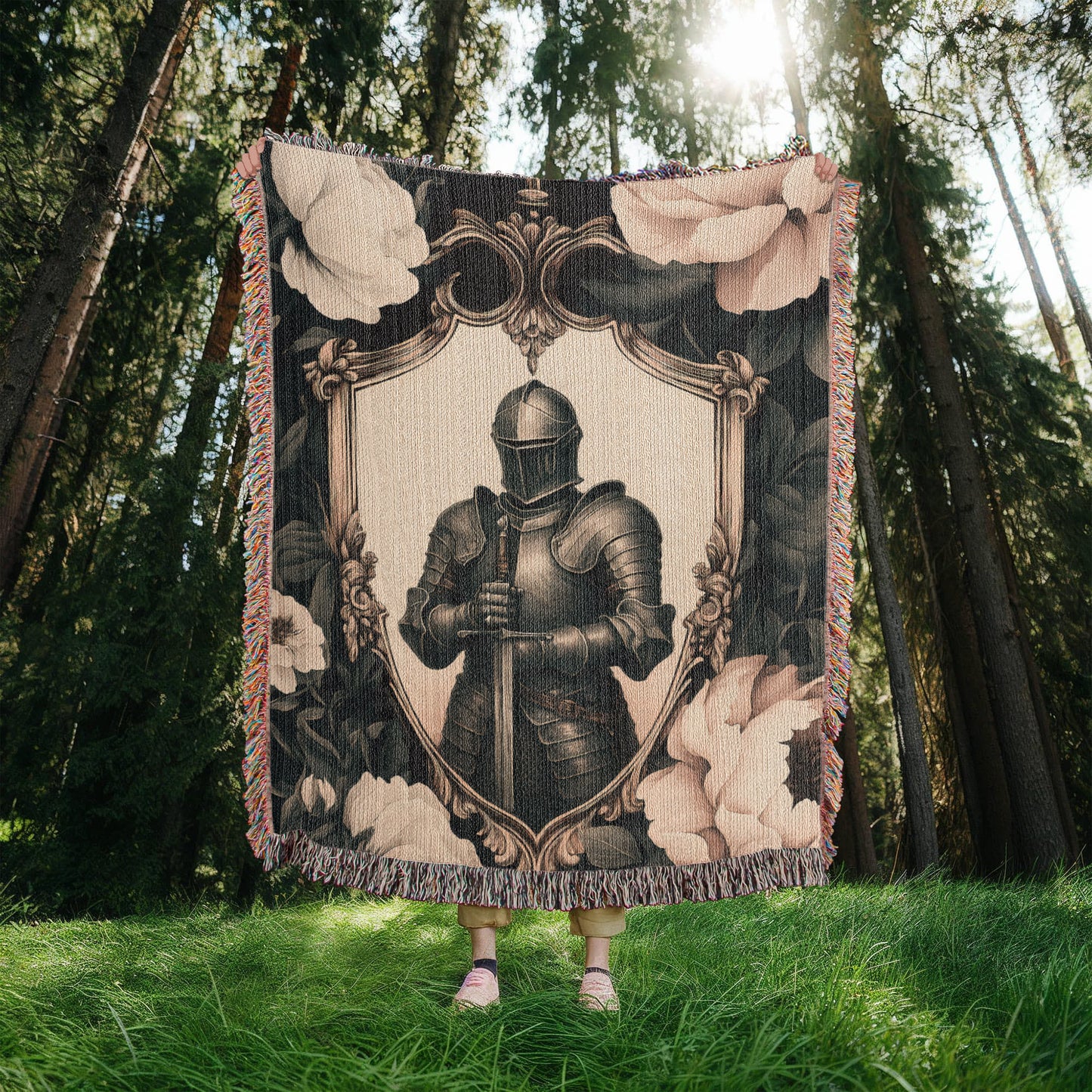 Premium Woven Cotton Throw – Knight Holding Sword in Heraldic Shield Frame