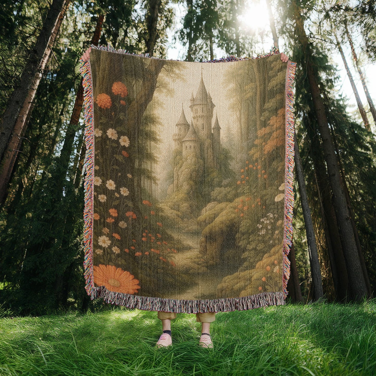 100% Cotton Woven Blanket – Fairytale Castle among Woodland Trees and Blossoms