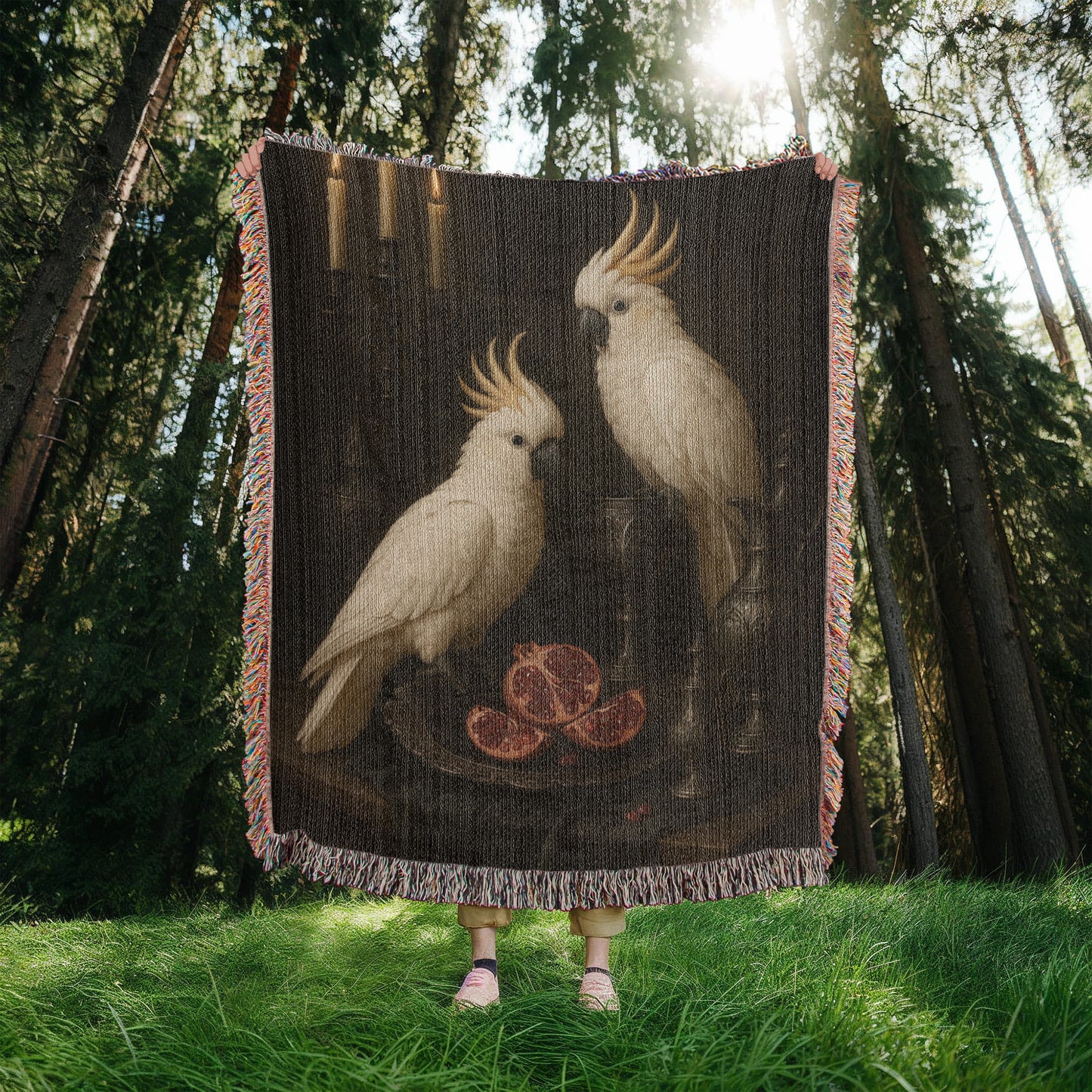 100% Cotton Woven Blanket – White Parrots on Table with Two Halved Pomegranates, Bronze Cup and Jug