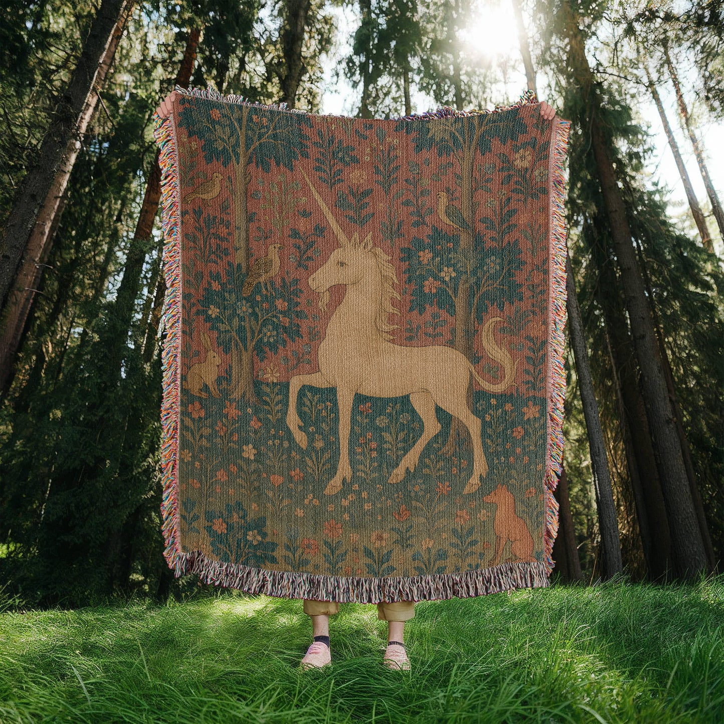 Premium Woven Cotton Throw – Enchanted Forest Unicorn and Fox Surrounded by Birds and Blossoms