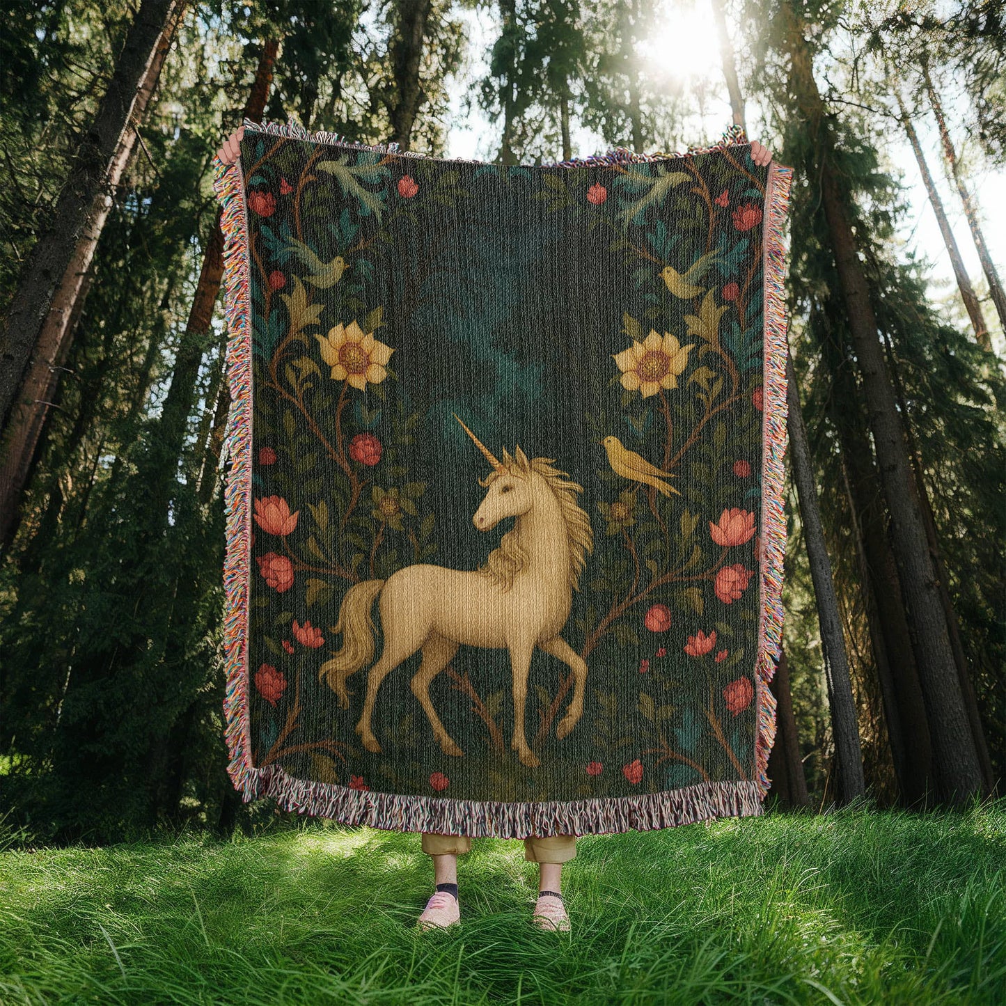 Premium Woven Cotton Throw – Enchanted Forest Unicorn Surrounded by Birds and Blossoms
