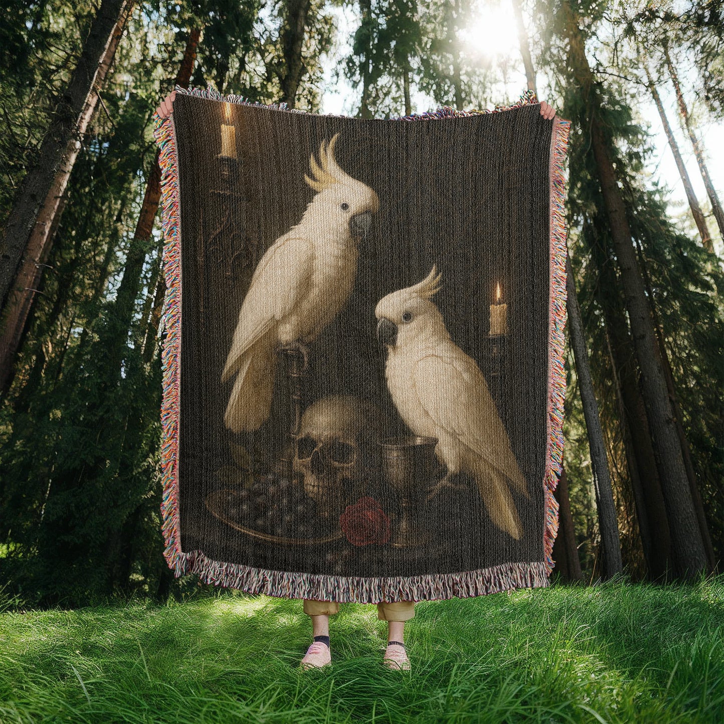 100% Cotton Woven Blanket – White Parrots on Table with Skull, Grapes, Rose and Bronze Chalice